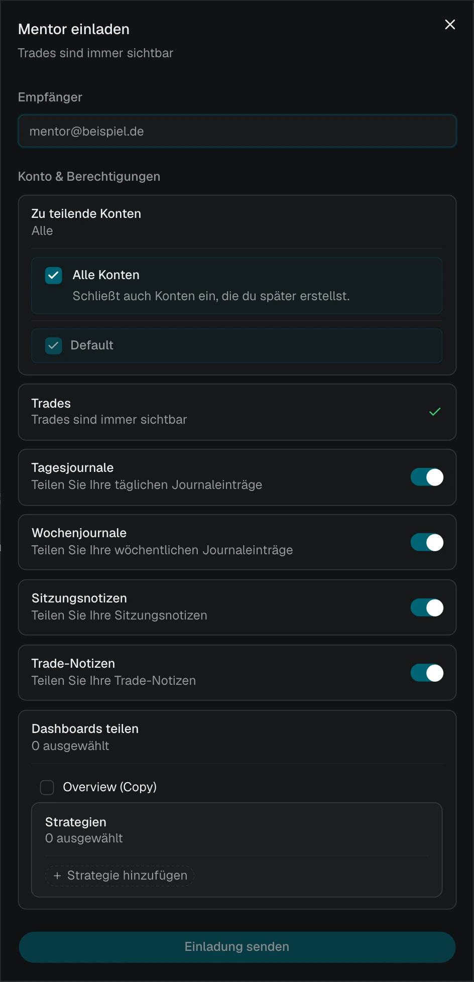 Mentoreneinladung mit ausgewählter Option Alle Konten und einer Liste der aktuellen Konten