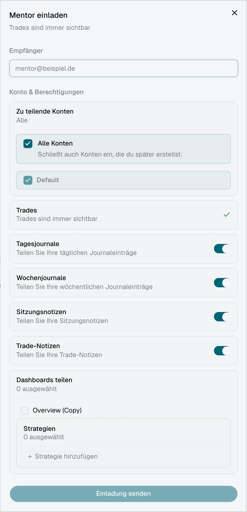 Mentoreneinladung mit ausgewählter Option Alle Konten und einer Liste der aktuellen Konten