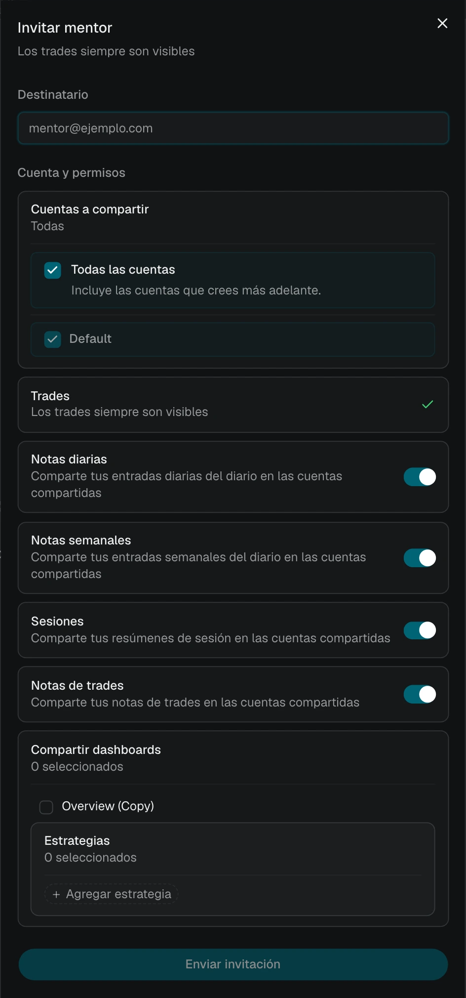 Invitación a un mentor con Todas las cuentas seleccionado y la lista de cuentas actuales