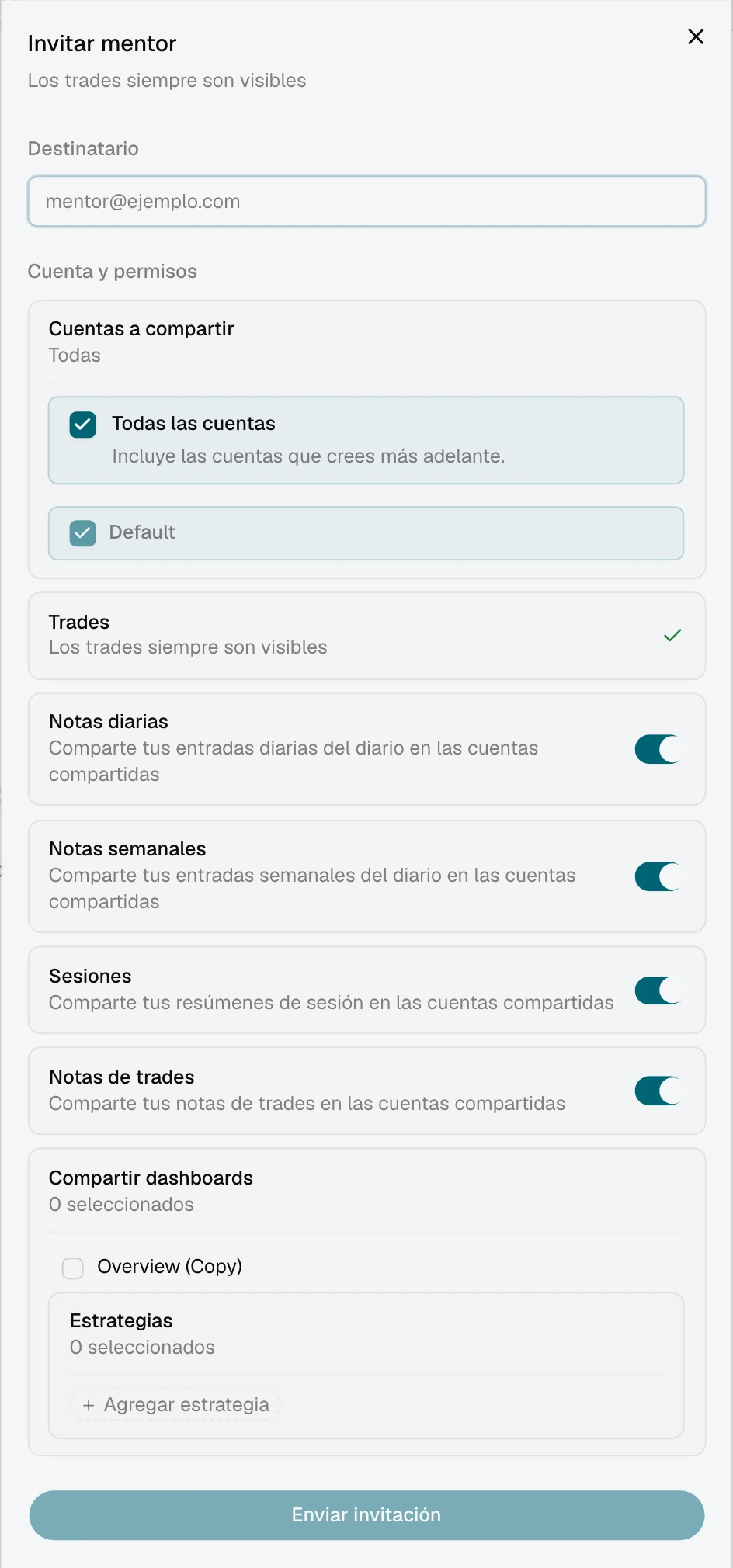 Invitación a un mentor con Todas las cuentas seleccionado y la lista de cuentas actuales