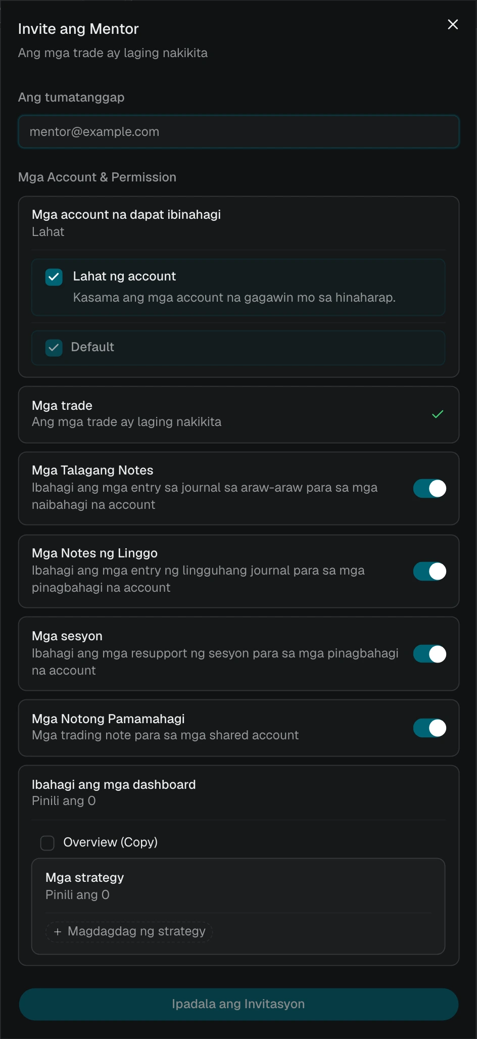 Imbitasyon sa mentor na napili ang Lahat ng account at nakalista ang mga kasalukuyang account