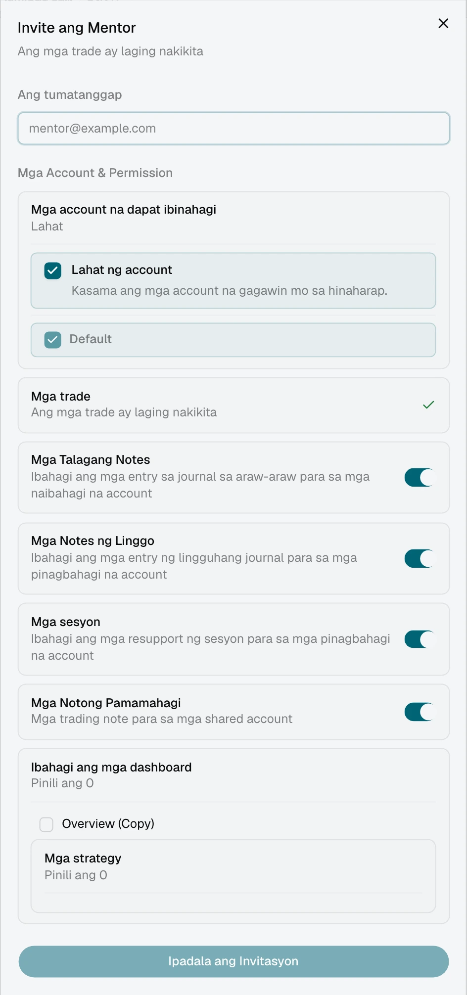 Imbitasyon sa mentor na napili ang Lahat ng account at nakalista ang mga kasalukuyang account