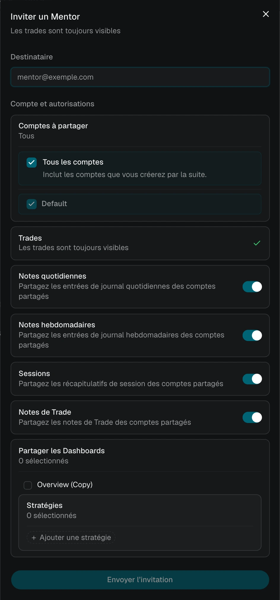 Invitation d’un mentor avec Tous les comptes sélectionné et la liste des comptes actuels