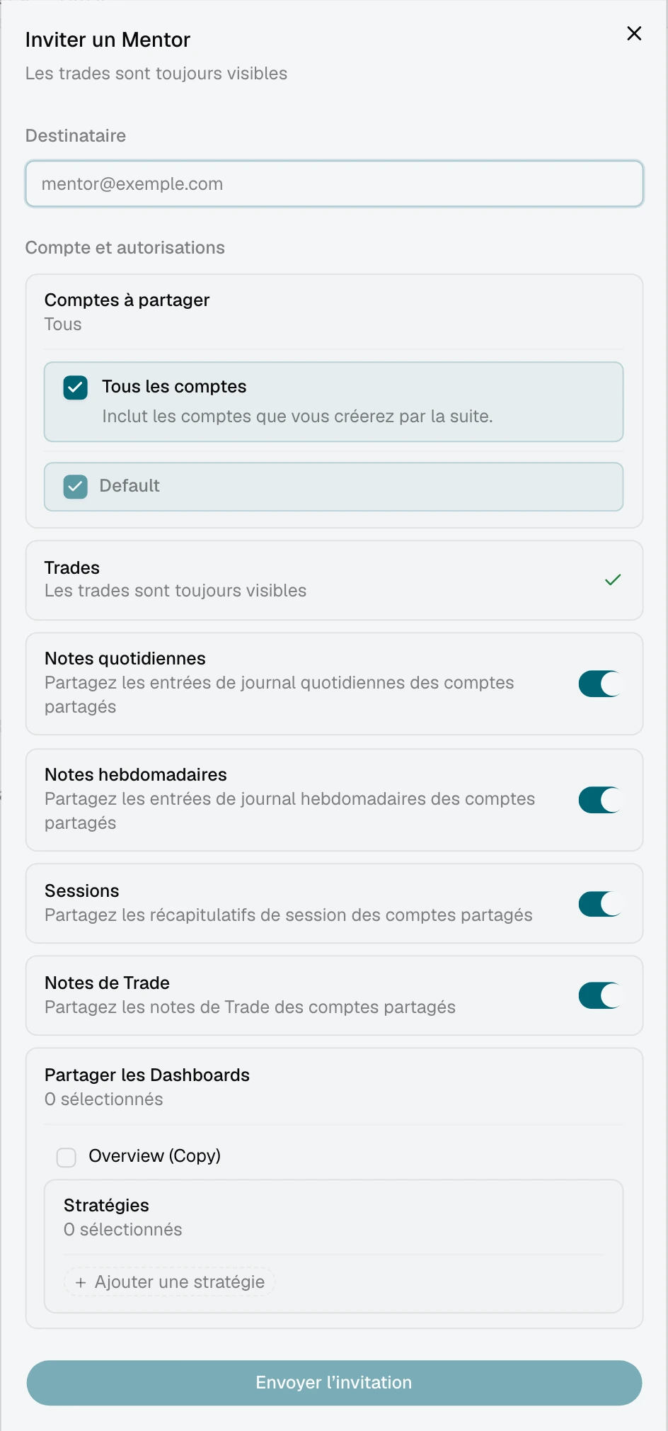 Invitation d’un mentor avec Tous les comptes sélectionné et la liste des comptes actuels
