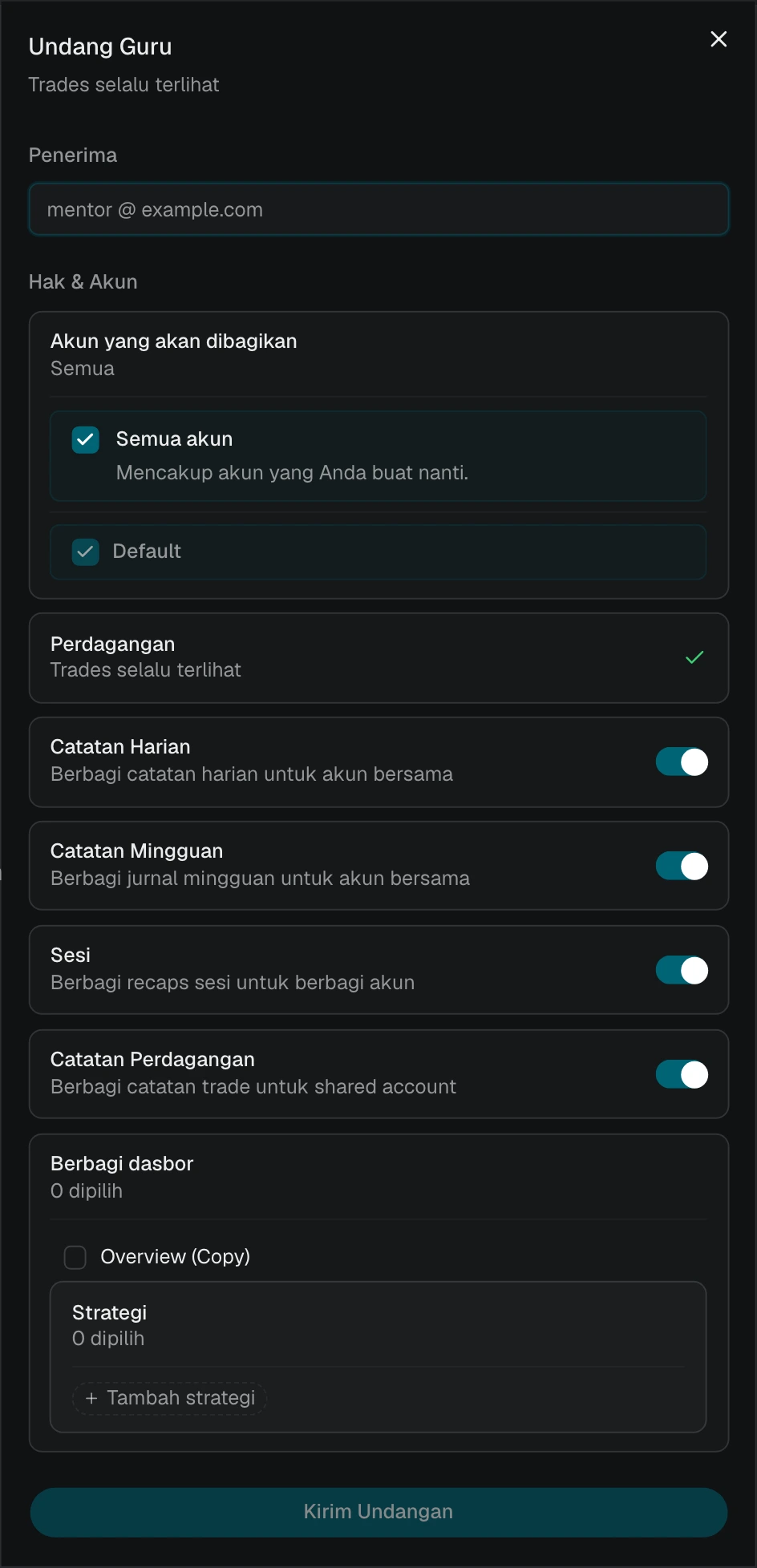 Undangan mentor dengan Semua akun dipilih dan daftar akun saat ini