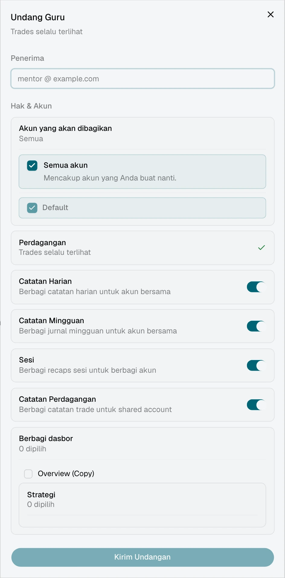 Undangan mentor dengan Semua akun dipilih dan daftar akun saat ini