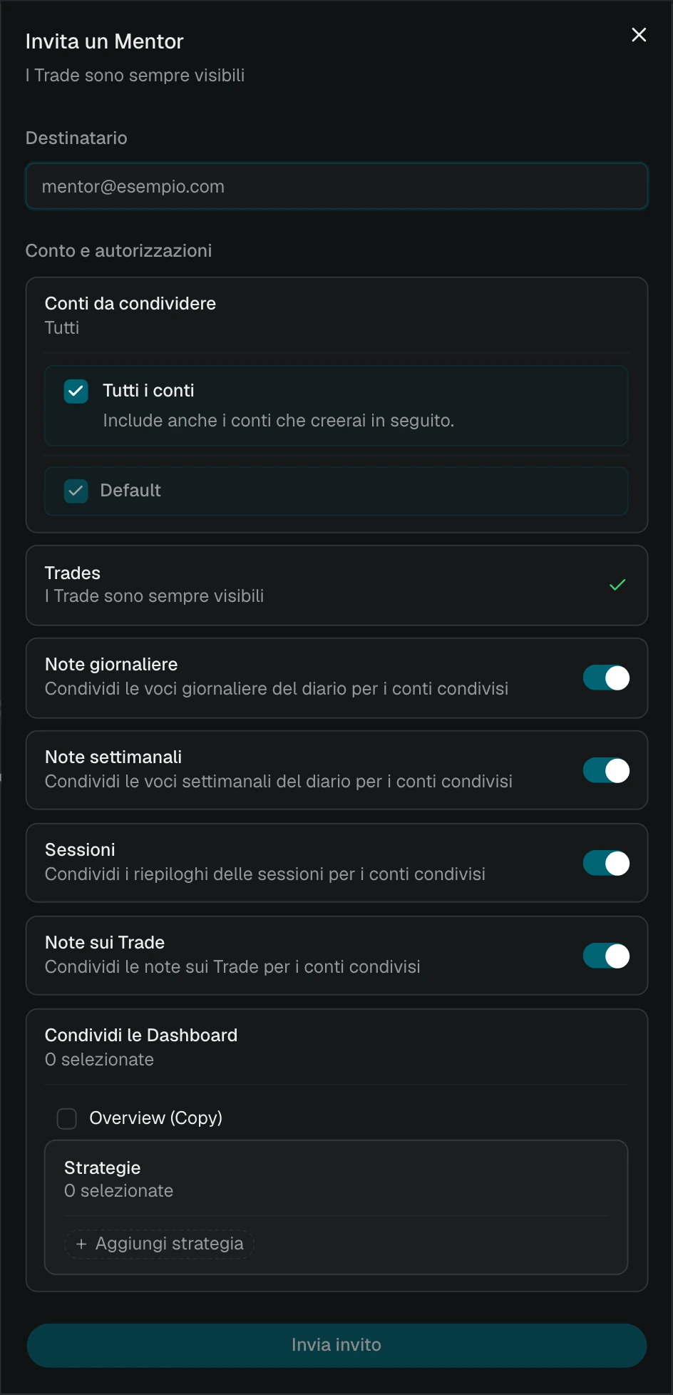 Invito a un mentor con Tutti i conti selezionato e l'elenco dei conti attuali