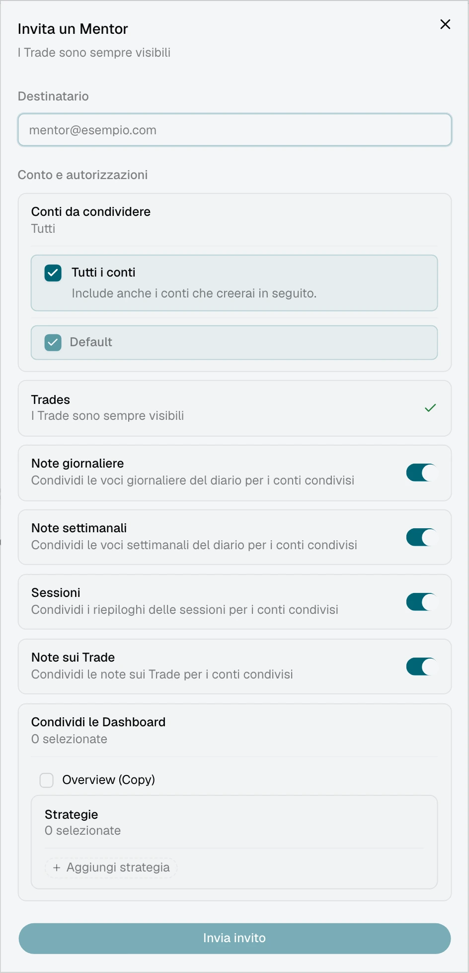 Invito a un mentor con Tutti i conti selezionato e l'elenco dei conti attuali