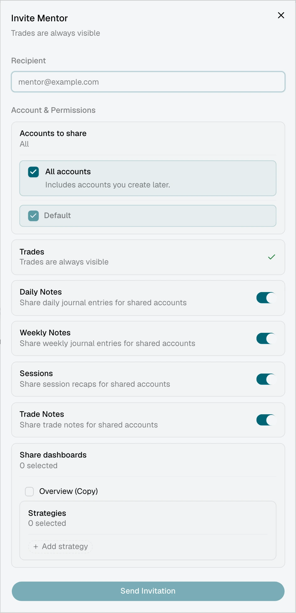 Mentor invitation with All accounts selected and current accounts listed