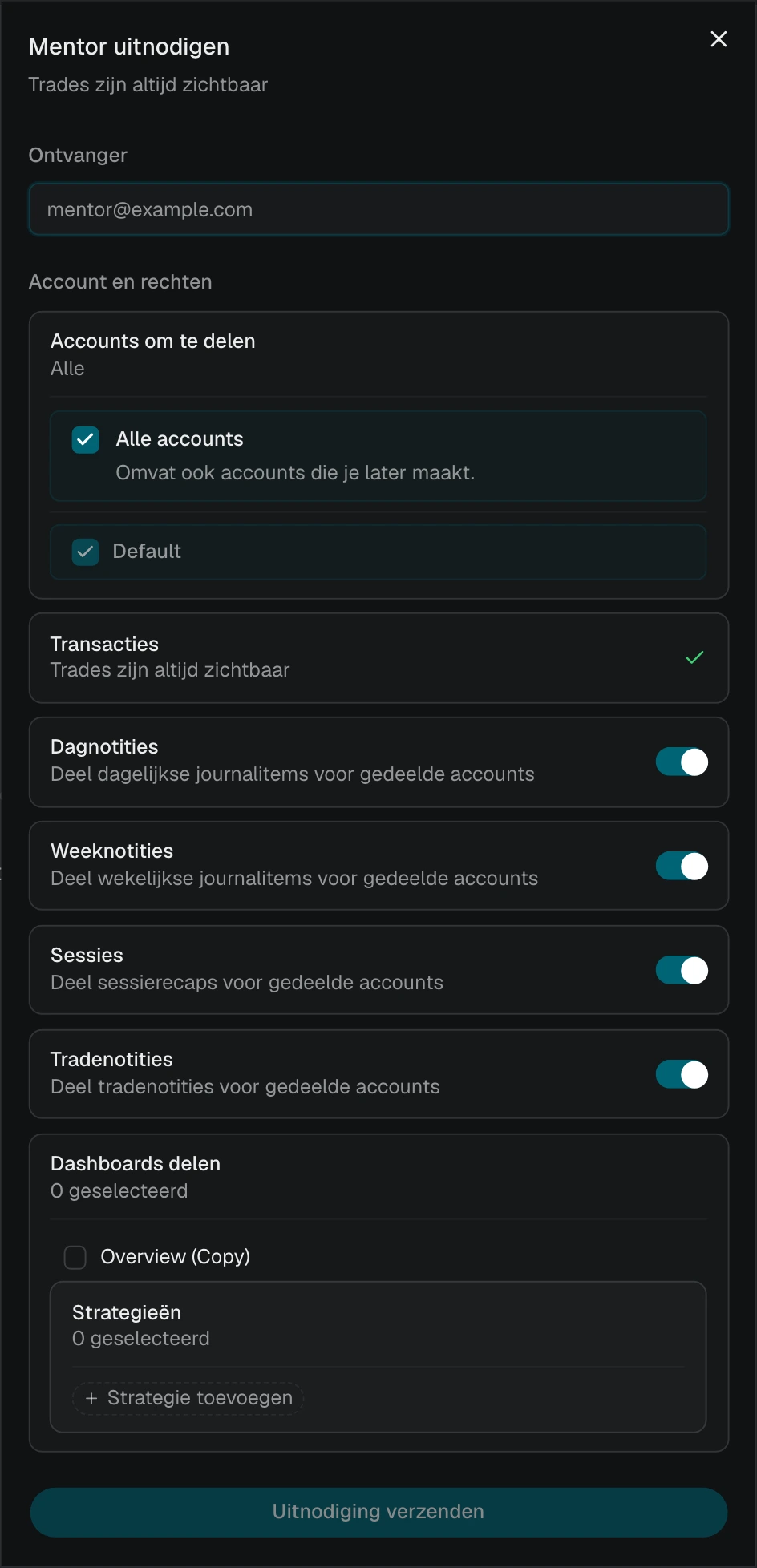 Mentoruitnodiging met Alle accounts geselecteerd en de huidige accounts in een lijst