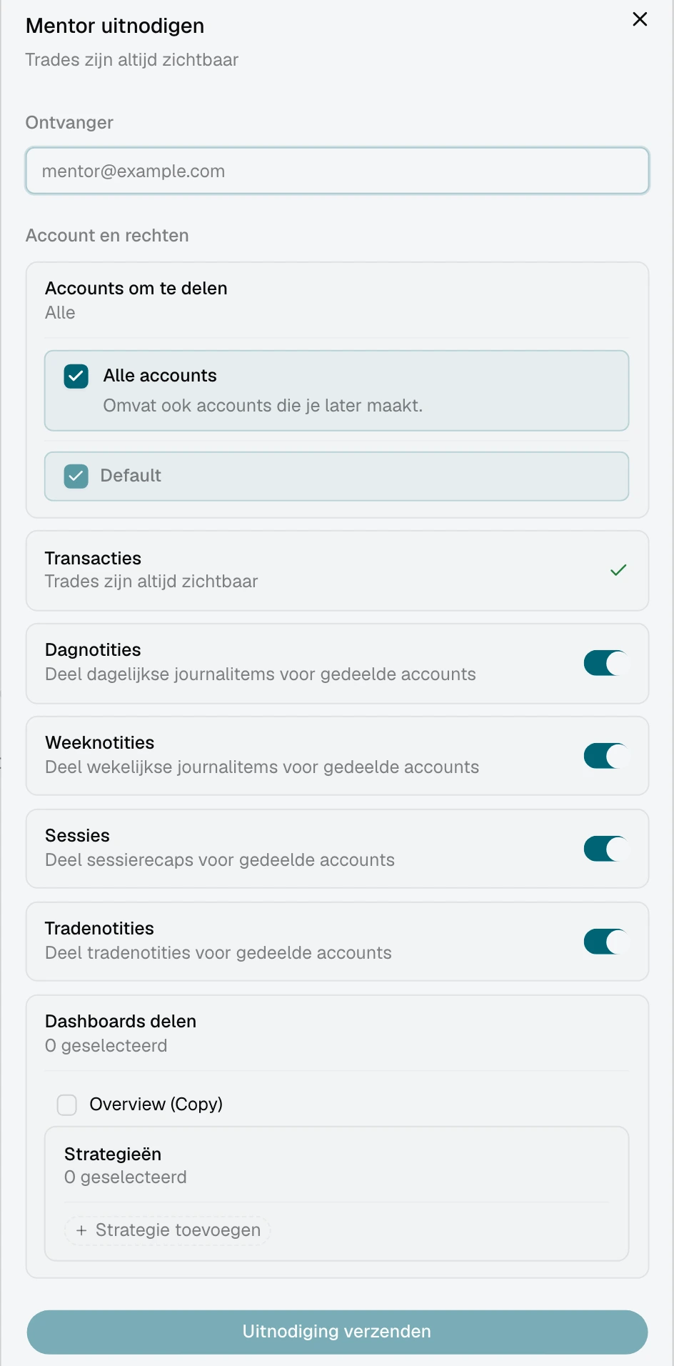 Mentoruitnodiging met Alle accounts geselecteerd en de huidige accounts in een lijst