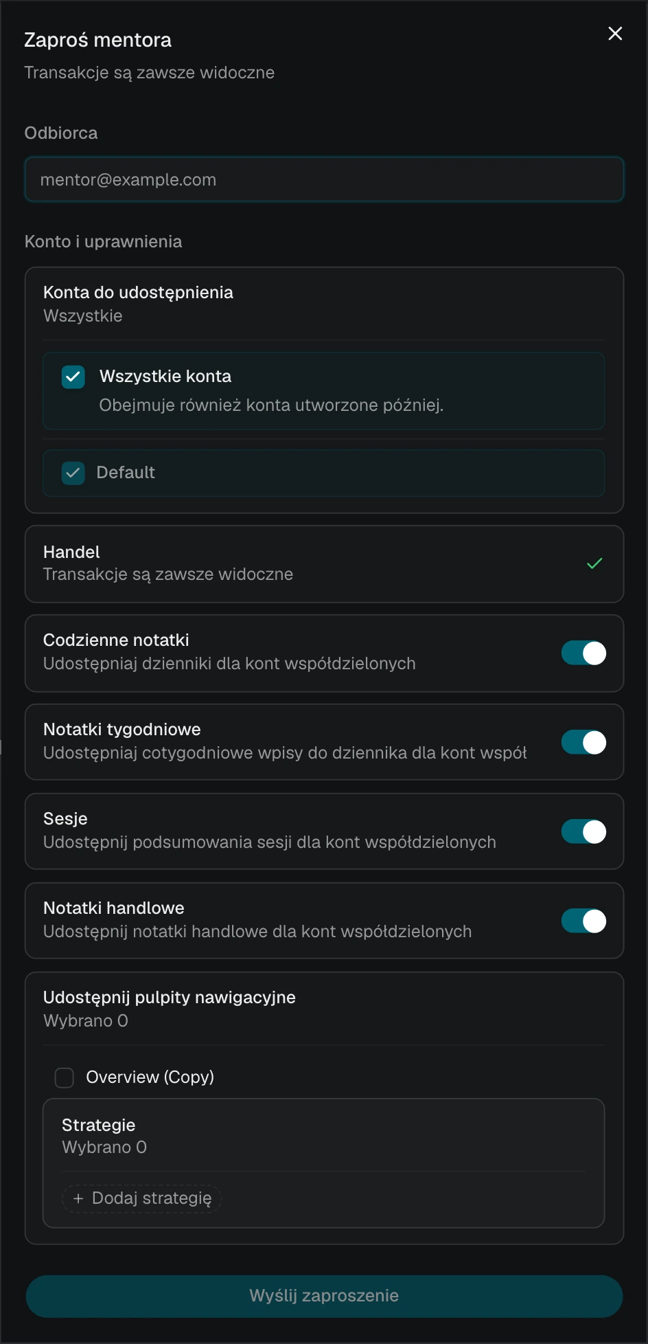 Zaproszenie mentora z wybraną opcją Wszystkie konta i listą bieżących kont