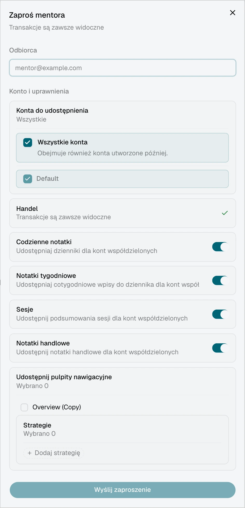Zaproszenie mentora z wybraną opcją Wszystkie konta i listą bieżących kont