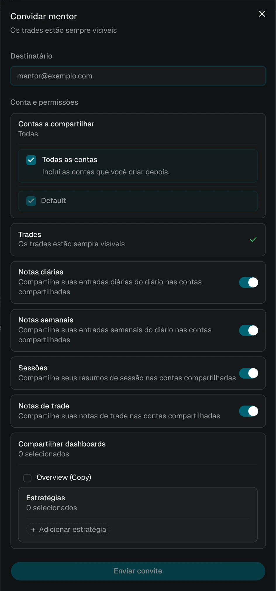 Convite para mentor com a opção Todas as contas selecionada e as contas atuais listadas
