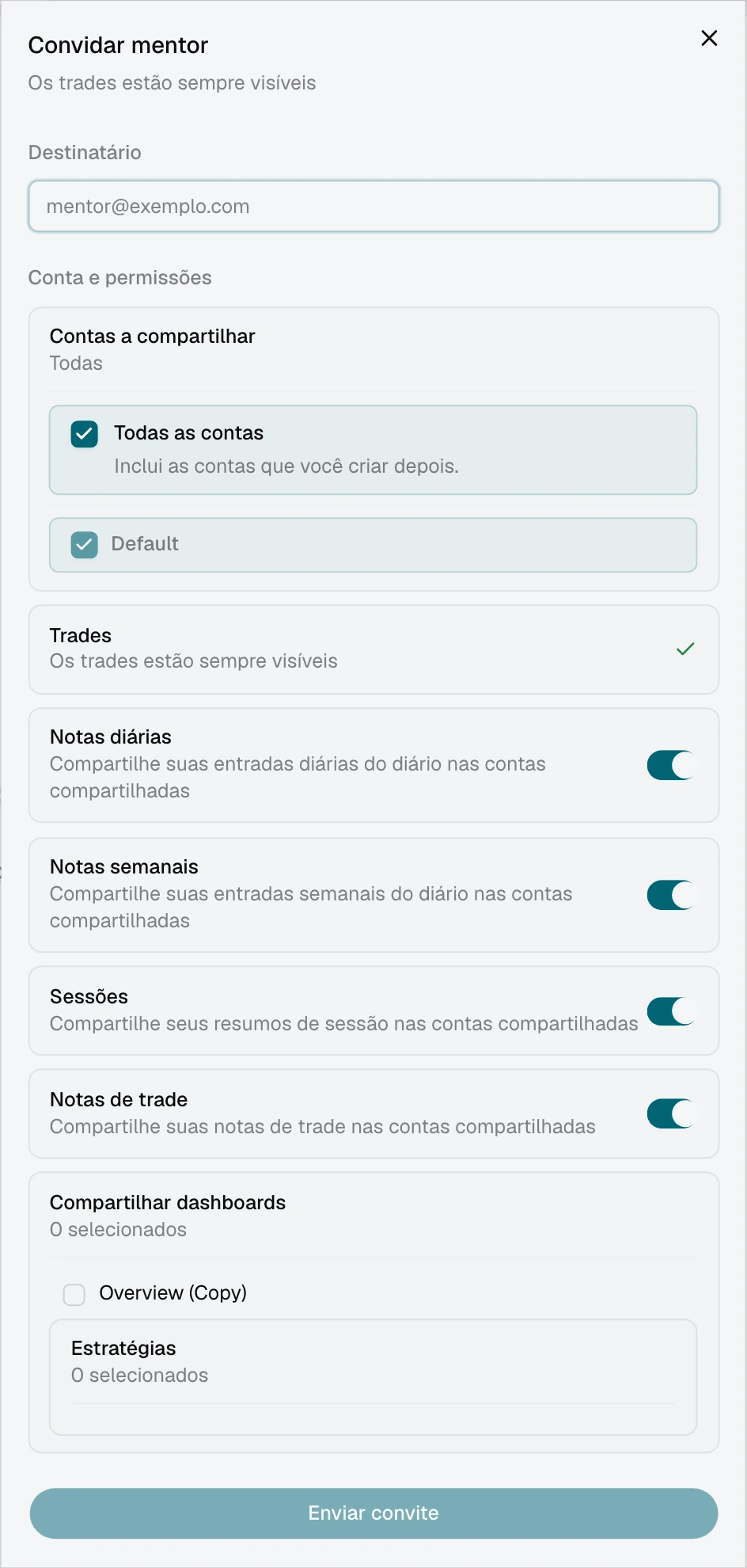 Convite para mentor com a opção Todas as contas selecionada e as contas atuais listadas
