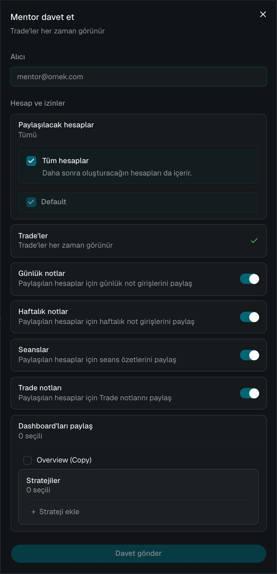 Tüm hesapların seçili ve mevcut hesapların listelendiği Mentor daveti