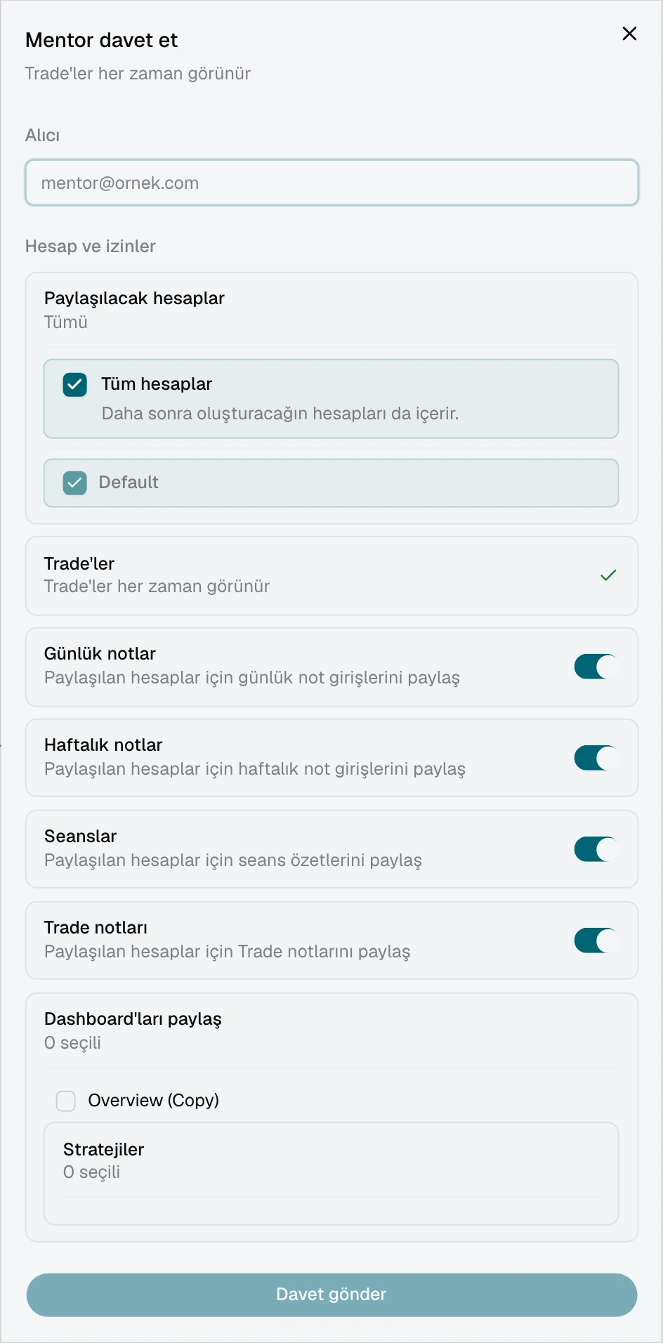 Tüm hesapların seçili ve mevcut hesapların listelendiği Mentor daveti