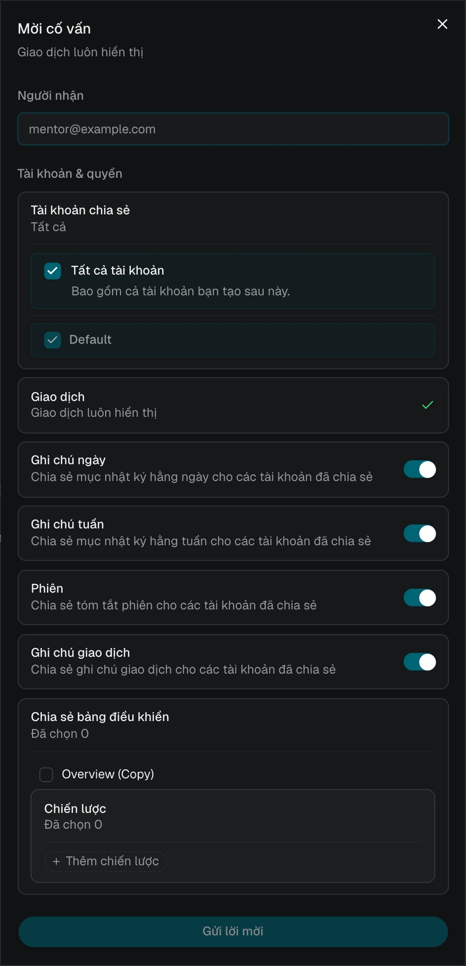 Lời mời cố vấn với Tất cả tài khoản được chọn và danh sách tài khoản hiện tại