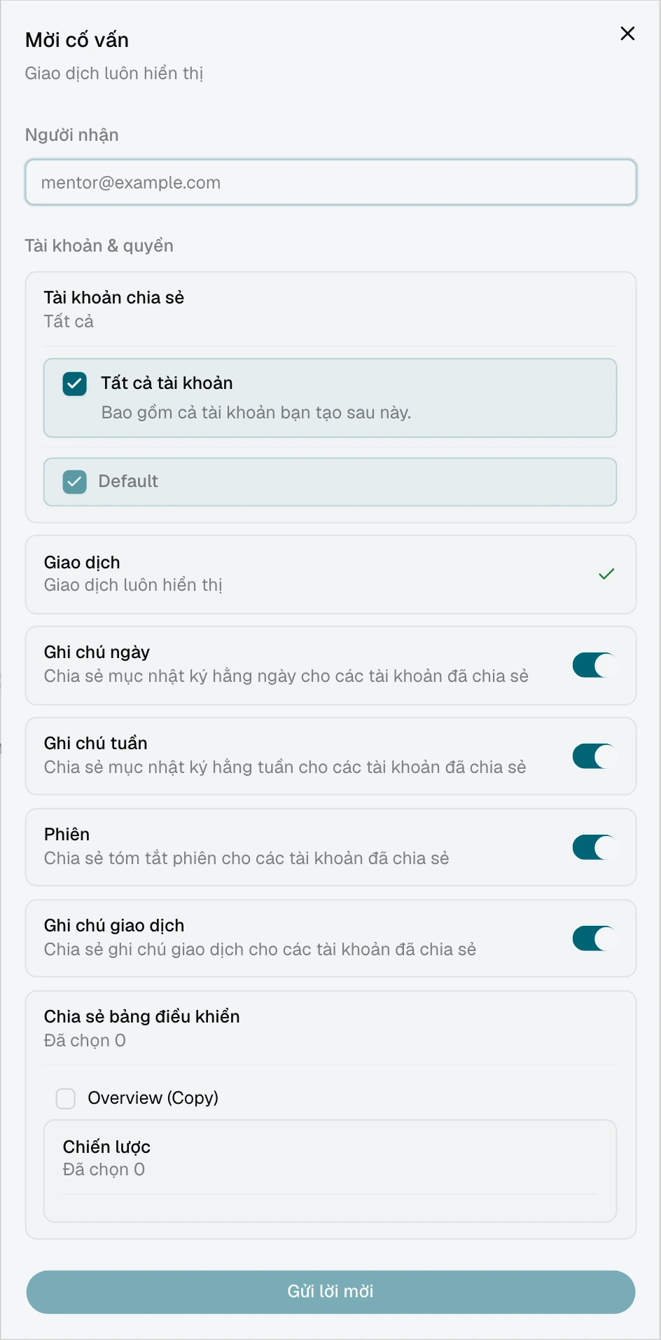 Lời mời cố vấn với Tất cả tài khoản được chọn và danh sách tài khoản hiện tại