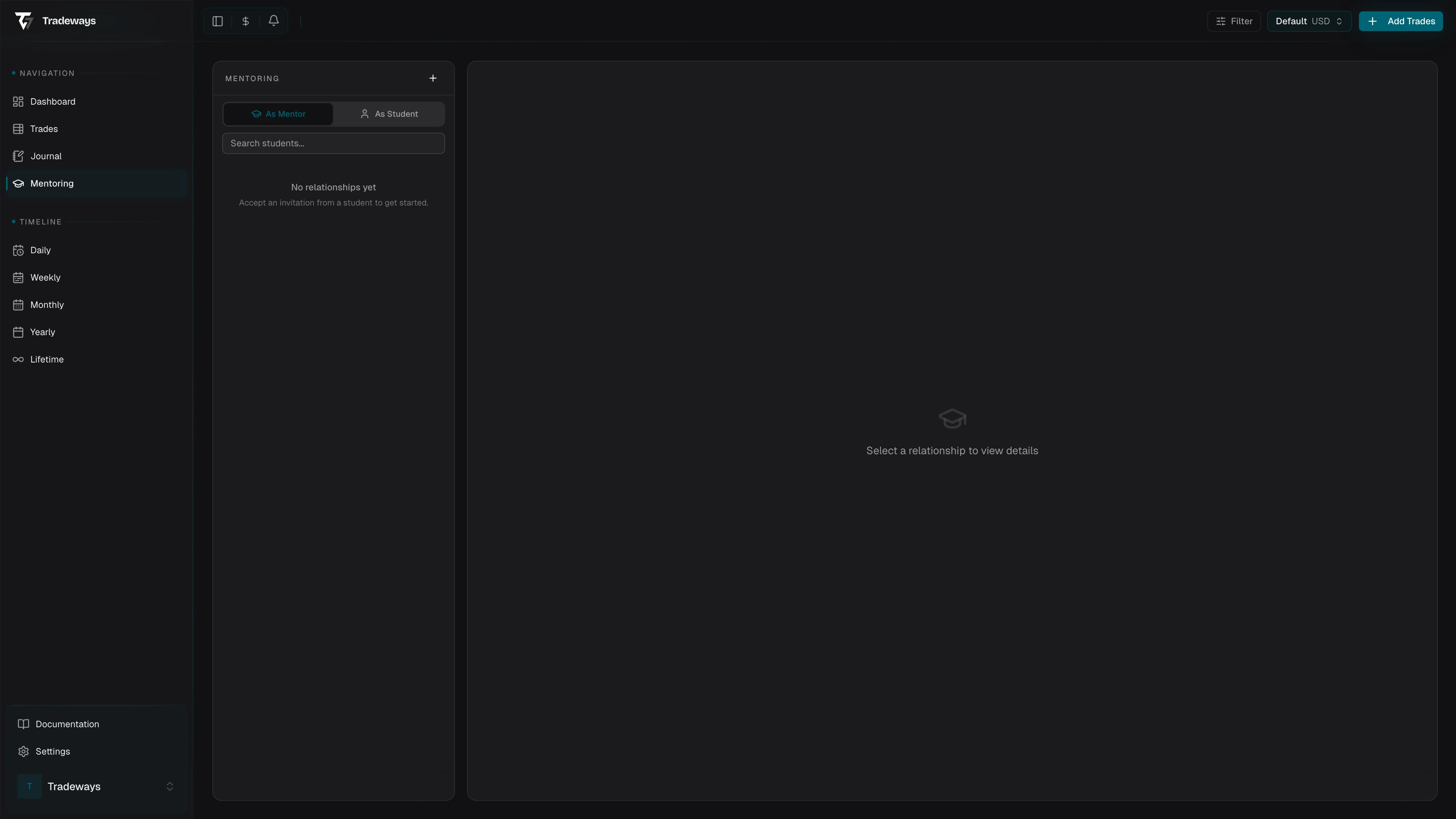Mentoring page with sidebar showing relationships and main panel with widget dashboard