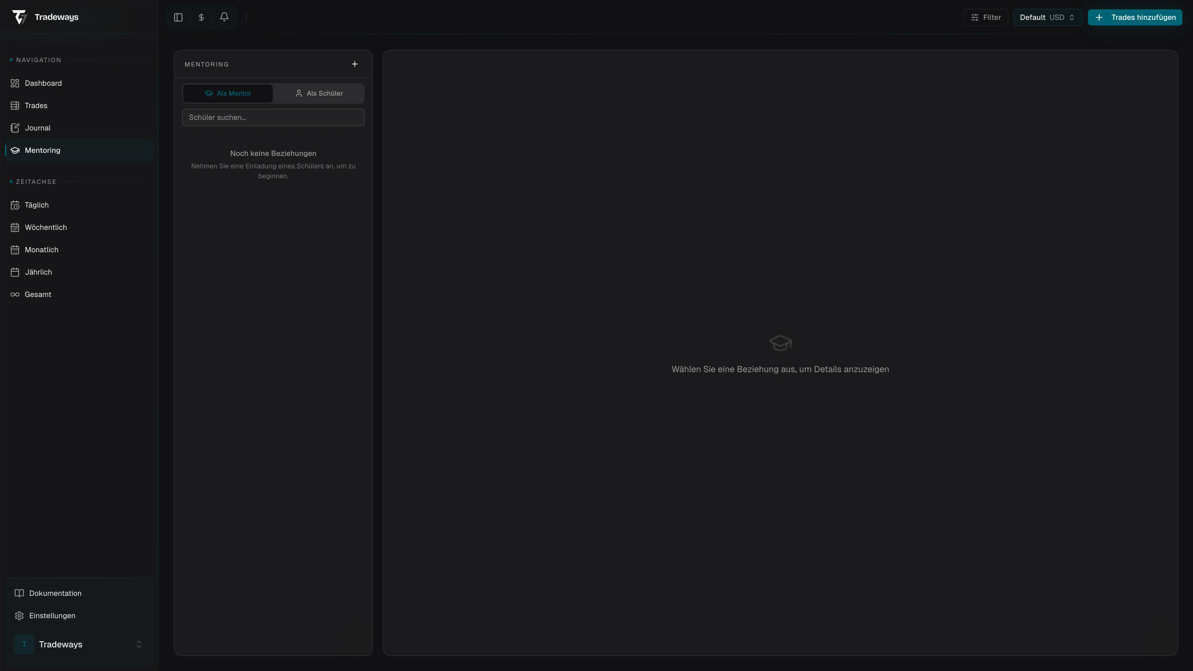 Mentoring-Seite mit Seitenleiste für Beziehungen und Hauptbereich mit Widget-Dashboard