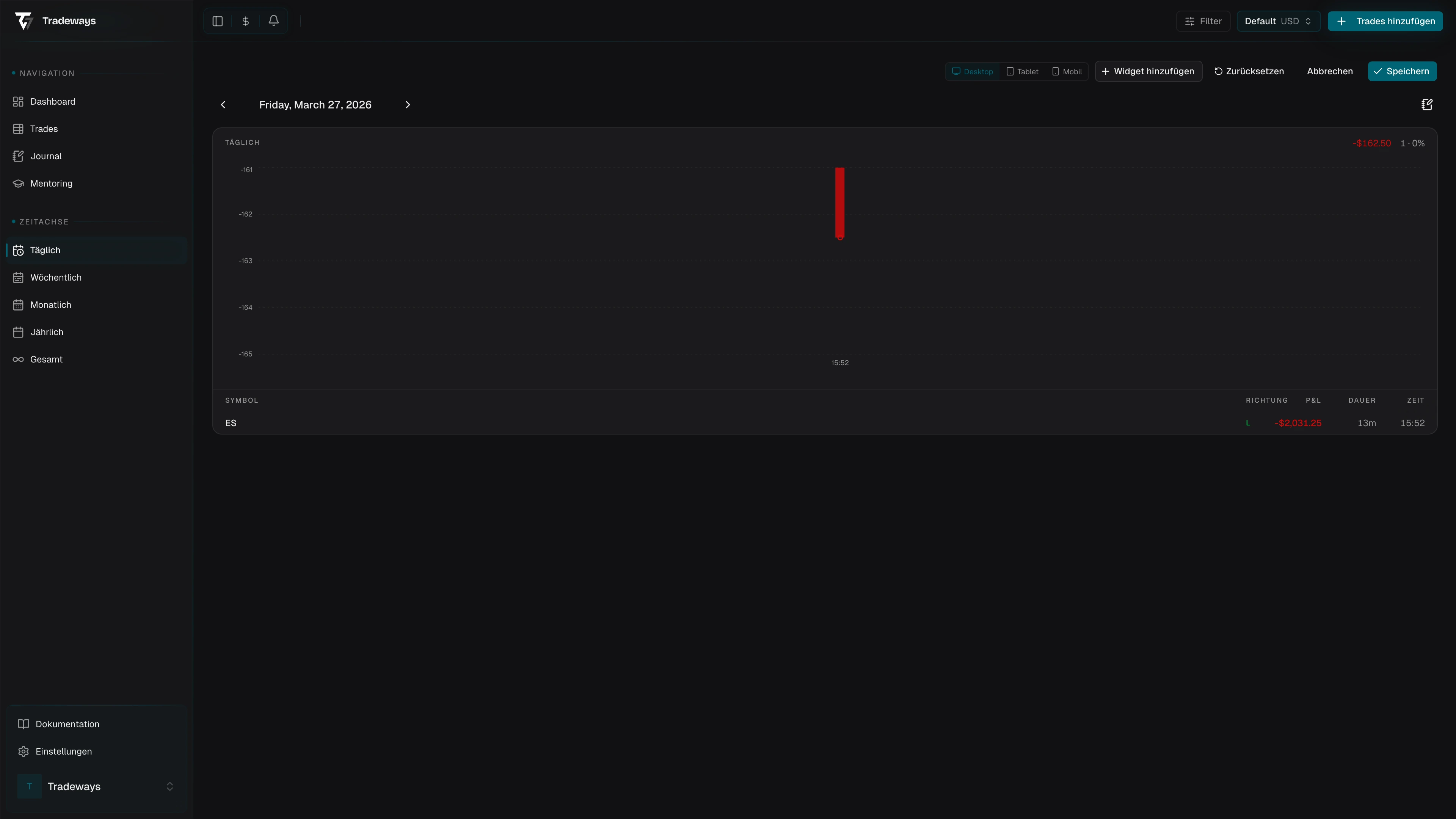 Widget-Bereich im Bearbeitungsmodus mit Toolbar-Aktionen