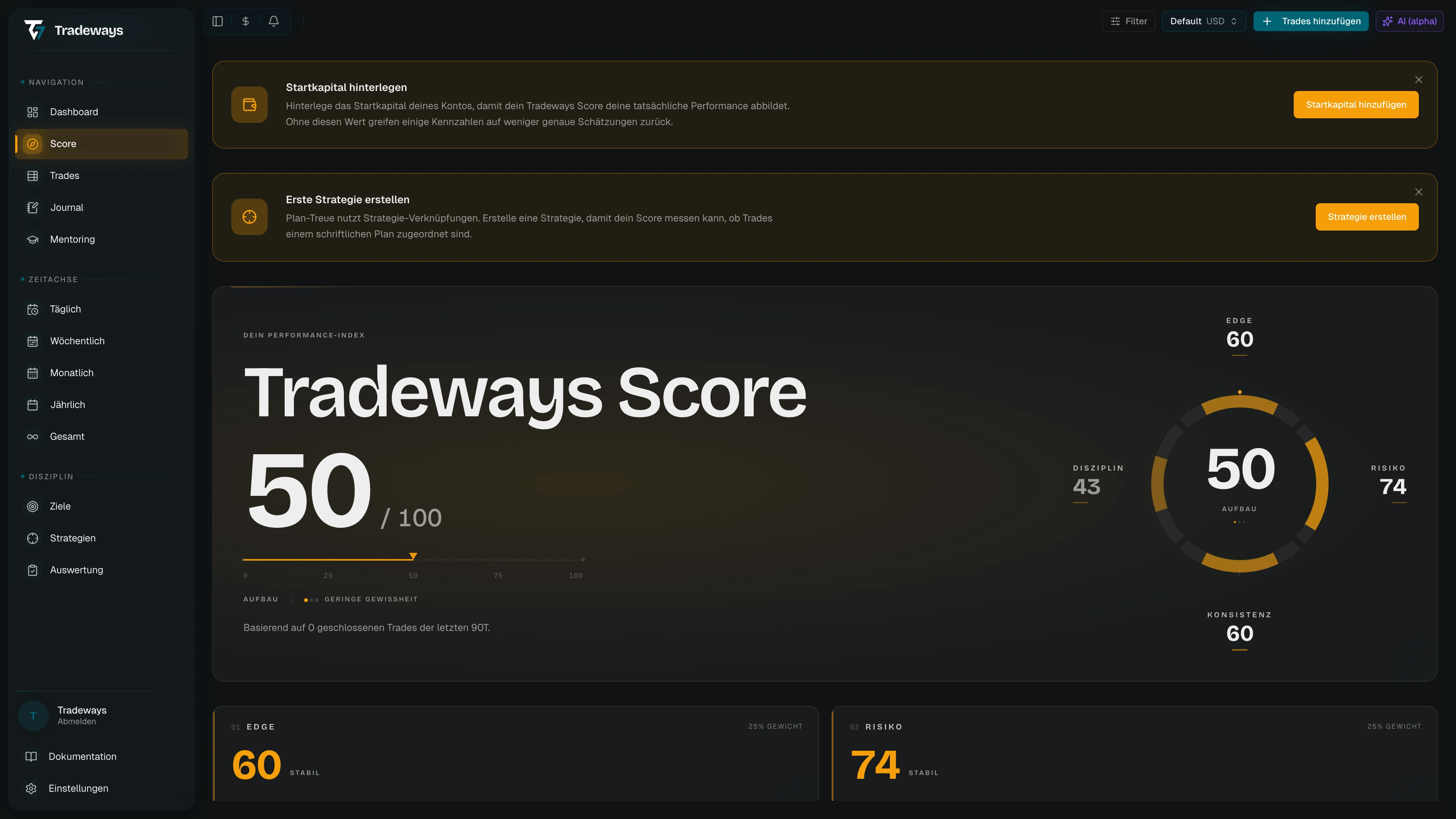 Tradeways-Score-Seite mit Gesamtzahl, Stufen-Label und der Ringanzeige der vier Säulen