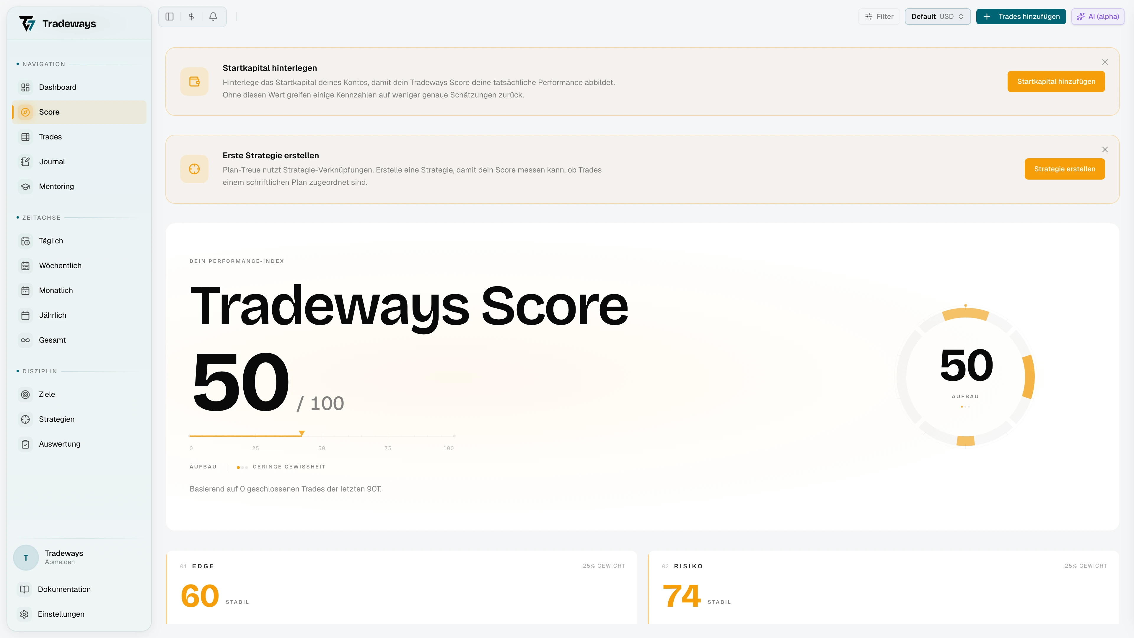 Tradeways-Score-Seite mit Gesamtzahl, Stufen-Label und der Ringanzeige der vier Säulen