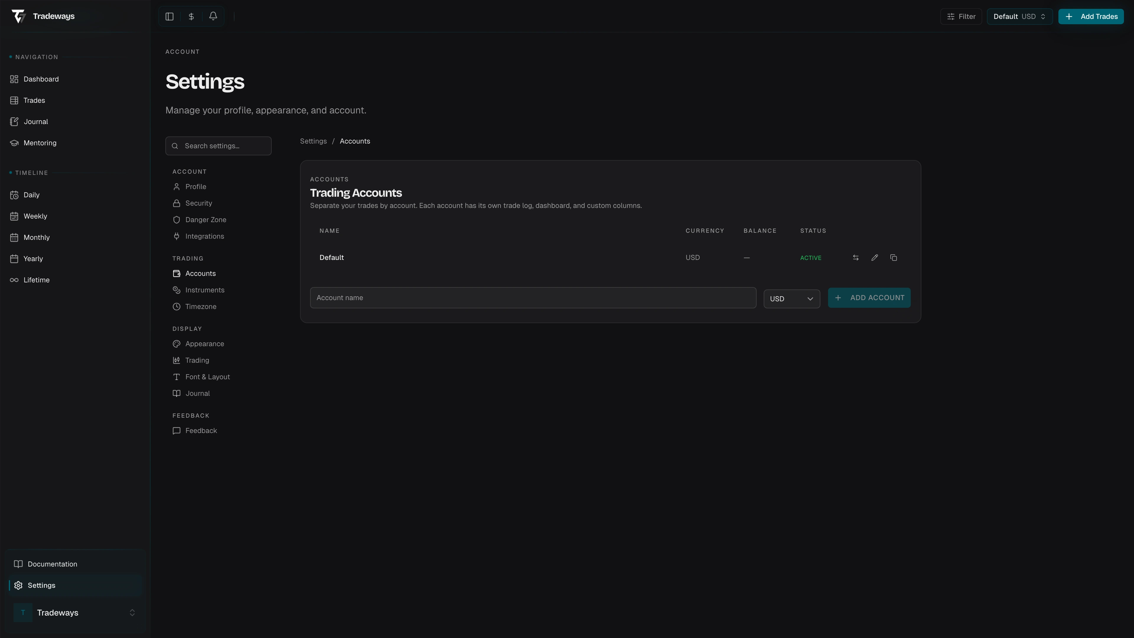 Trading accounts list