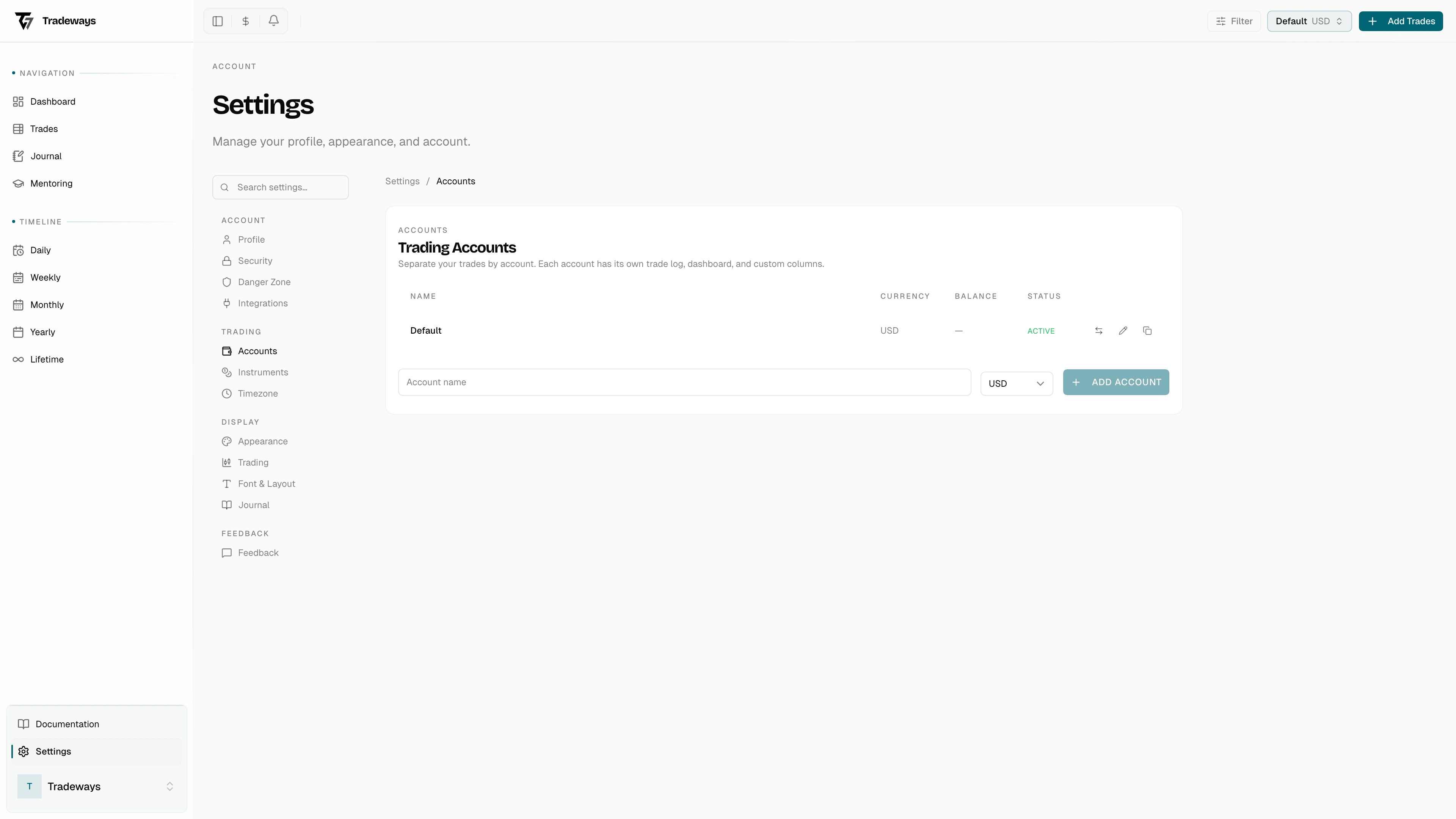 Trading accounts list