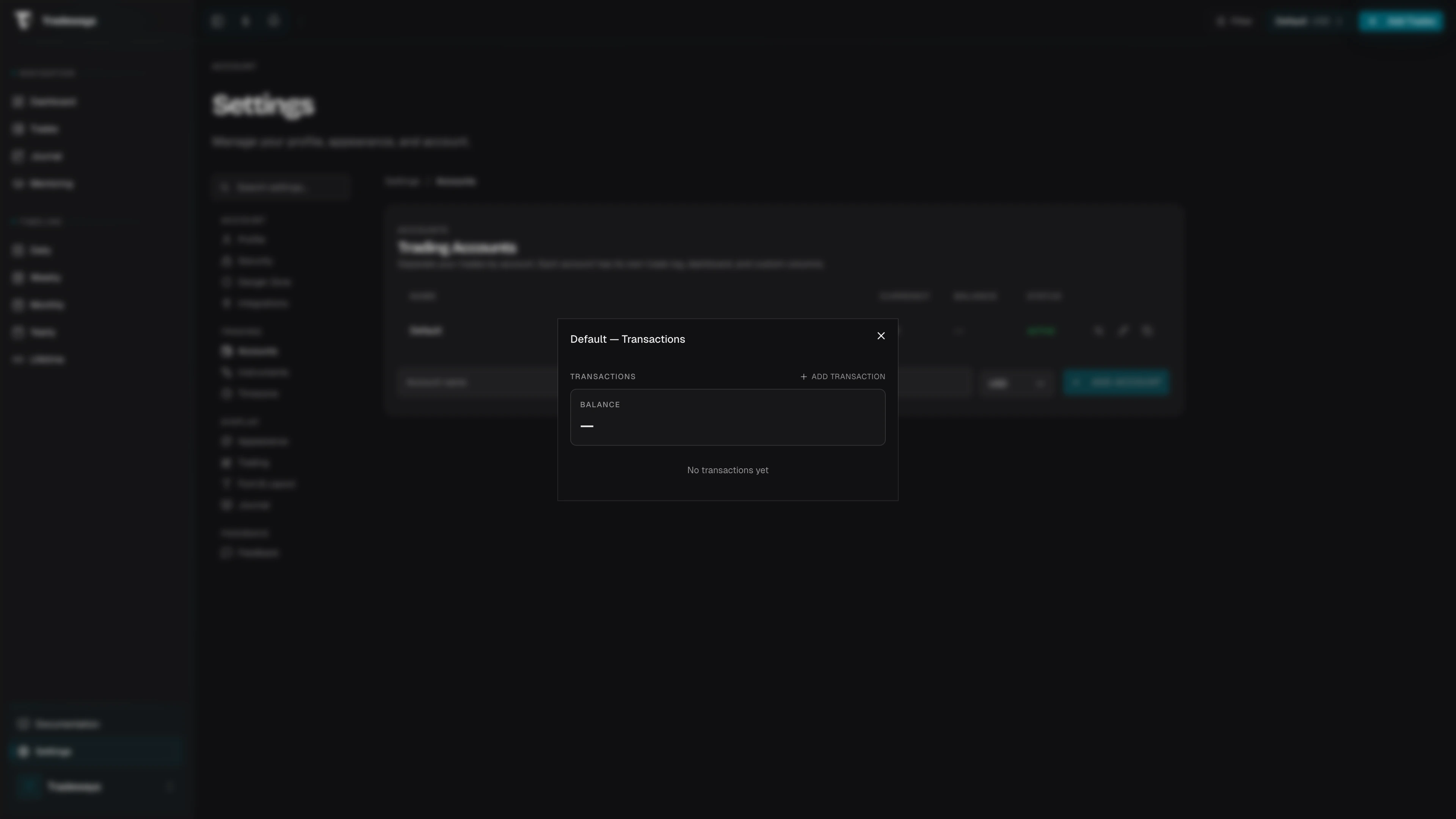 Transactions dialog showing deposits and withdrawals