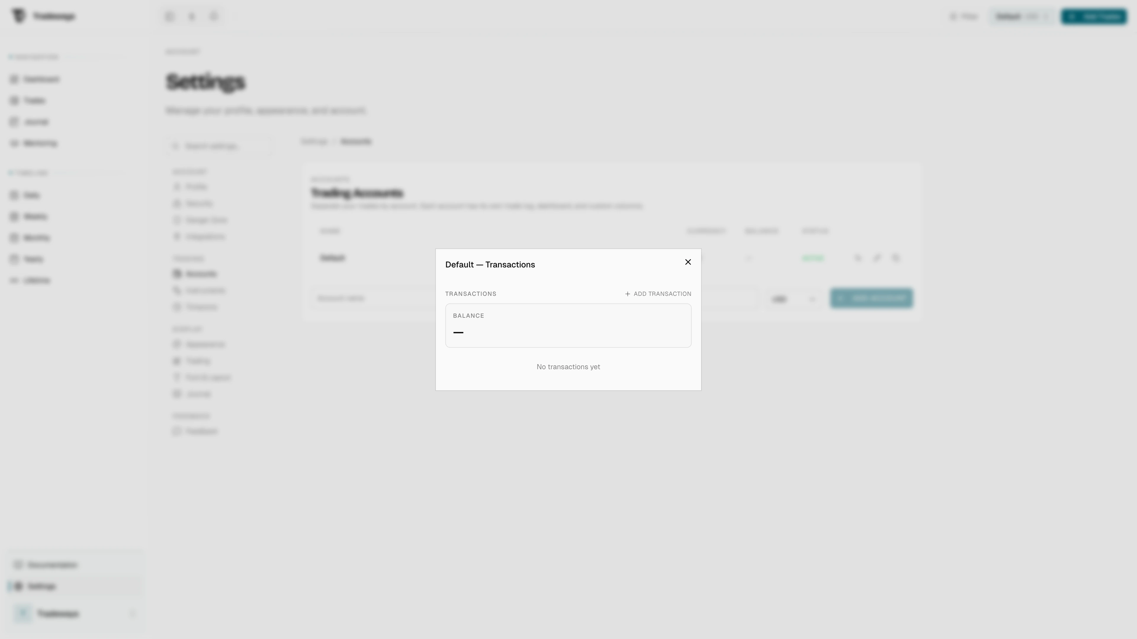 Transactions dialog showing deposits and withdrawals