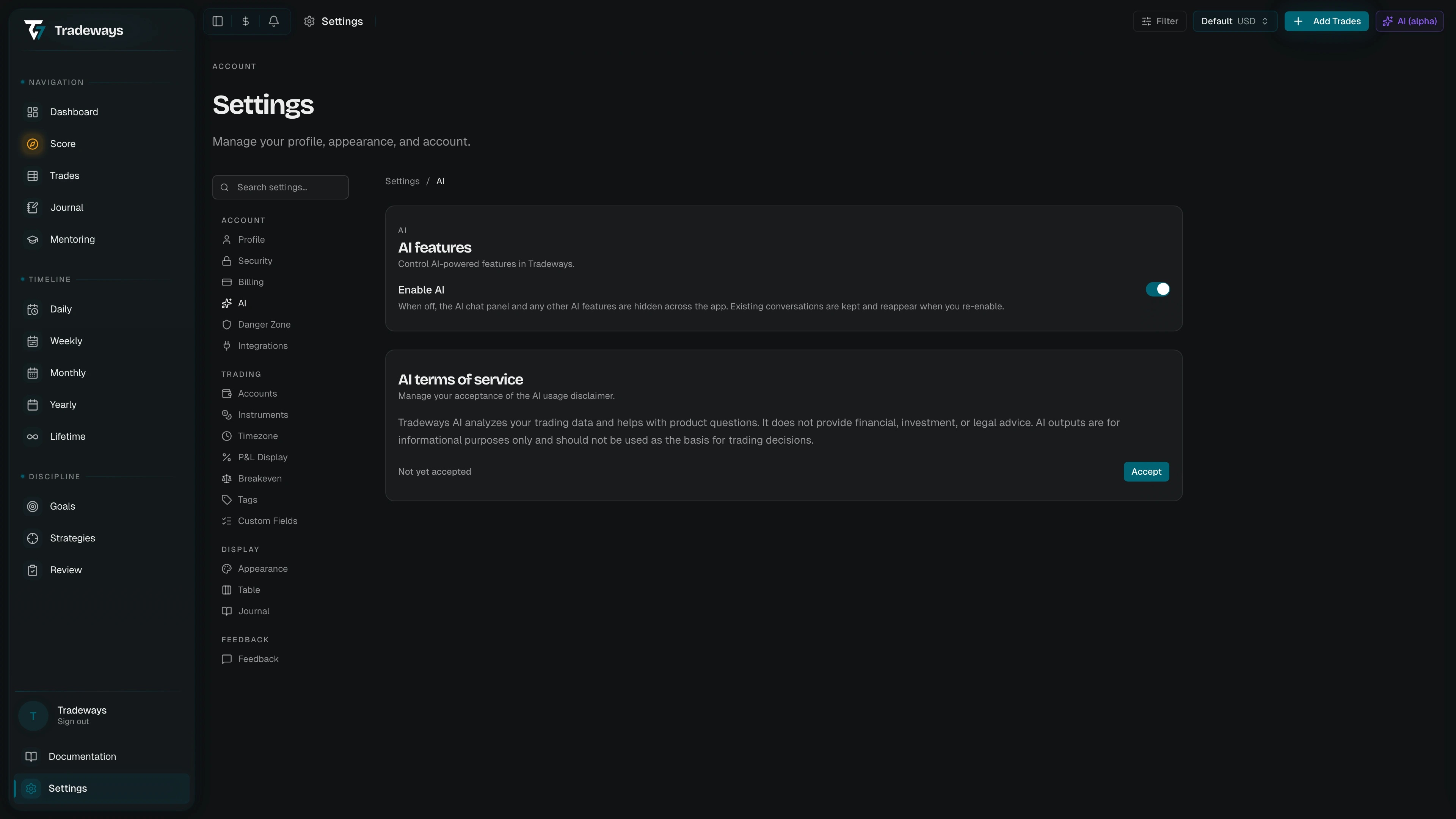 Oscar settings page with feature toggle and terms of service