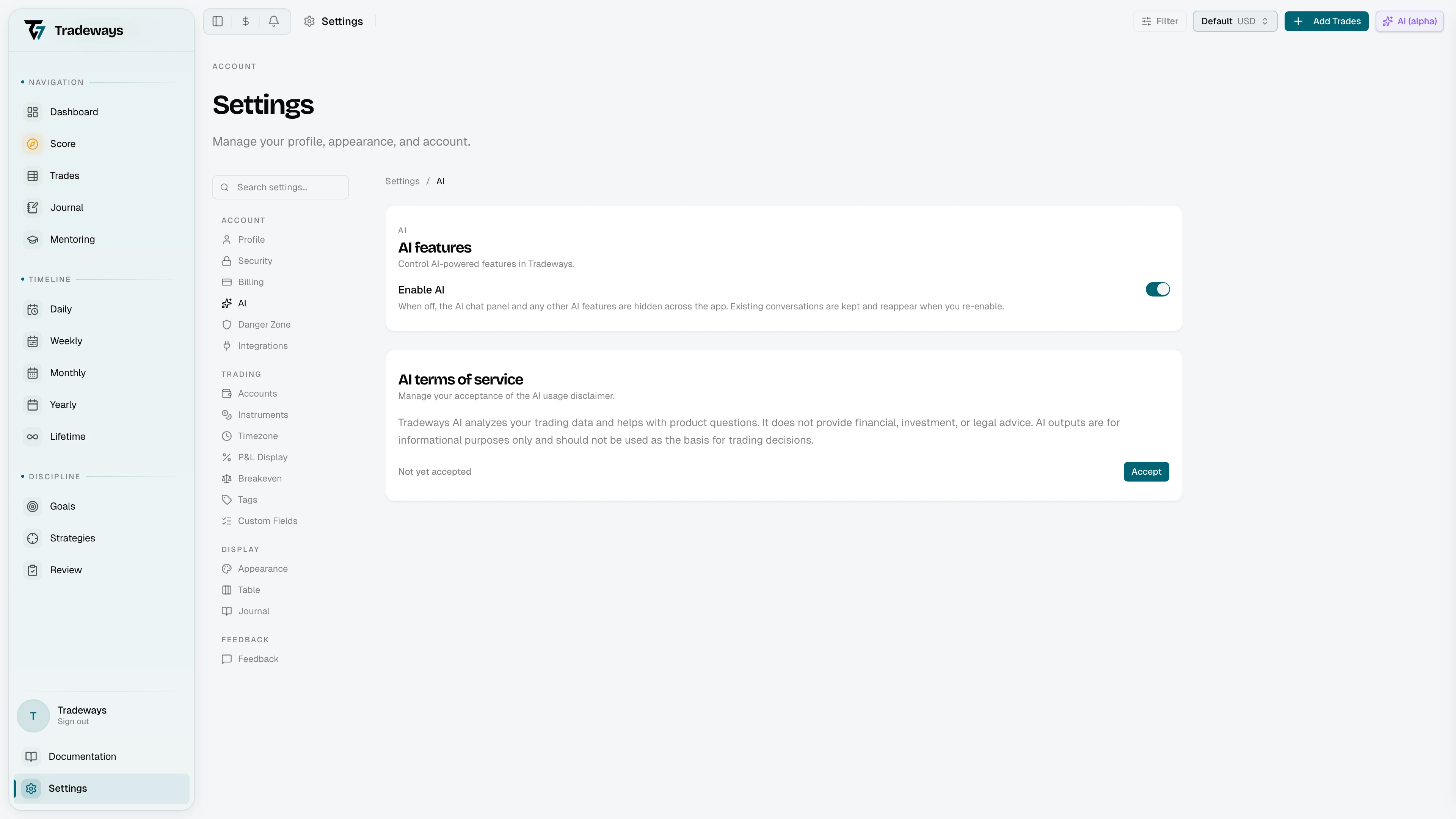 Oscar settings page with feature toggle and terms of service