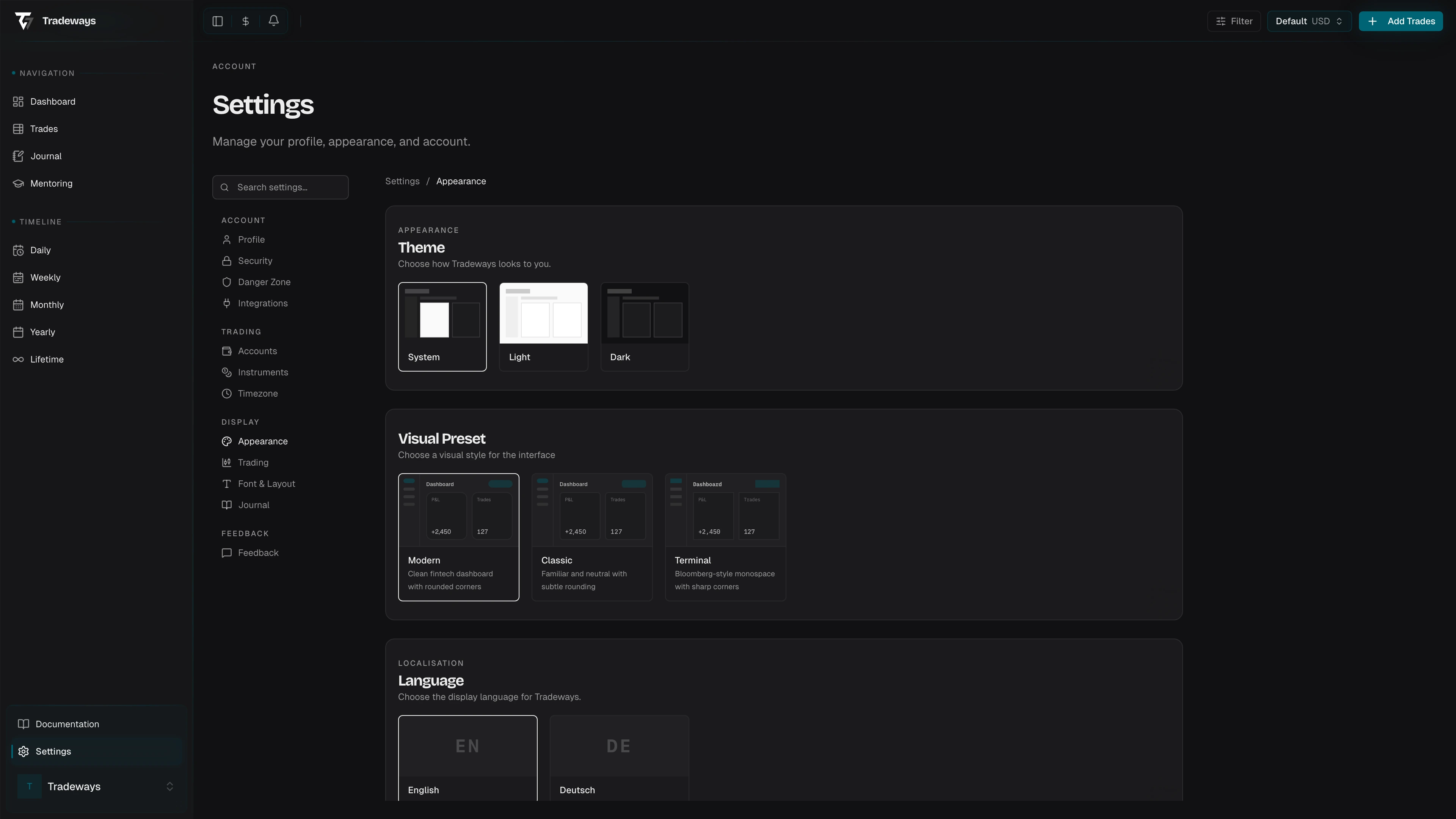 Theme selection with System, Light, and Dark options