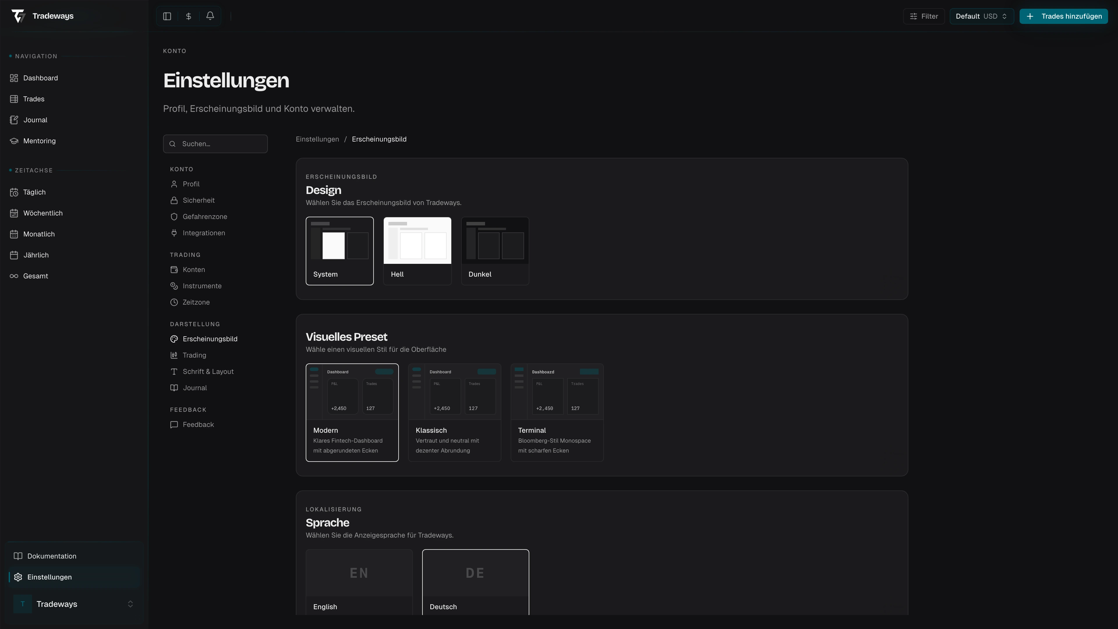 Design-Auswahl mit den Optionen System, Hell und Dunkel