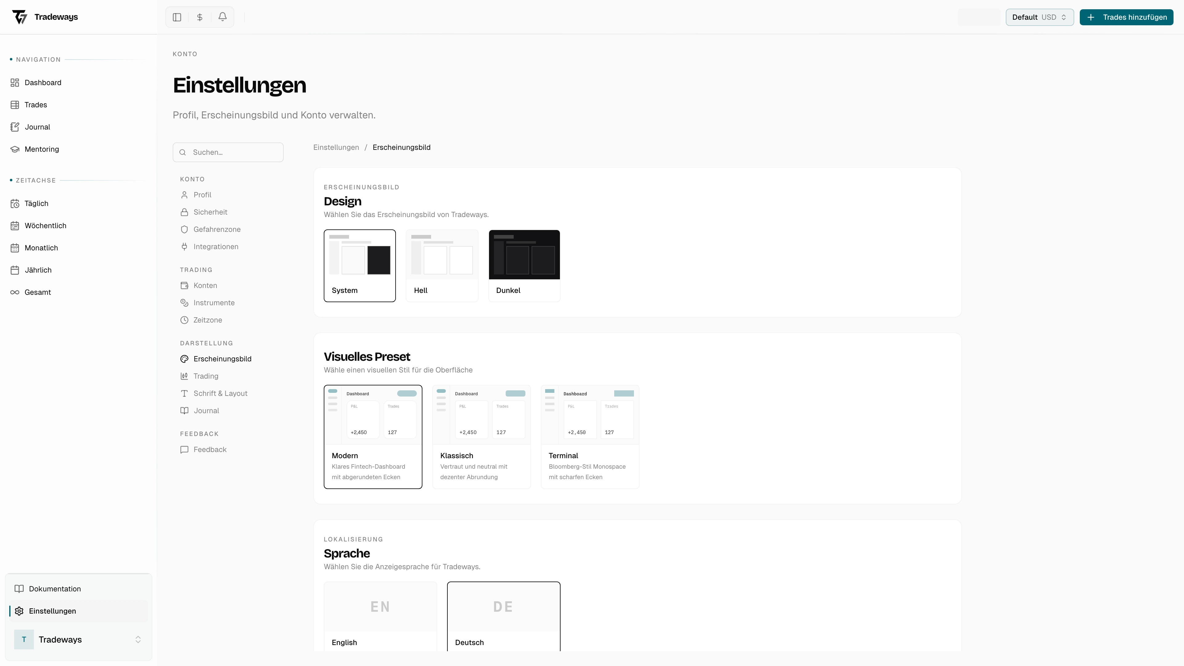 Design-Auswahl mit den Optionen System, Hell und Dunkel