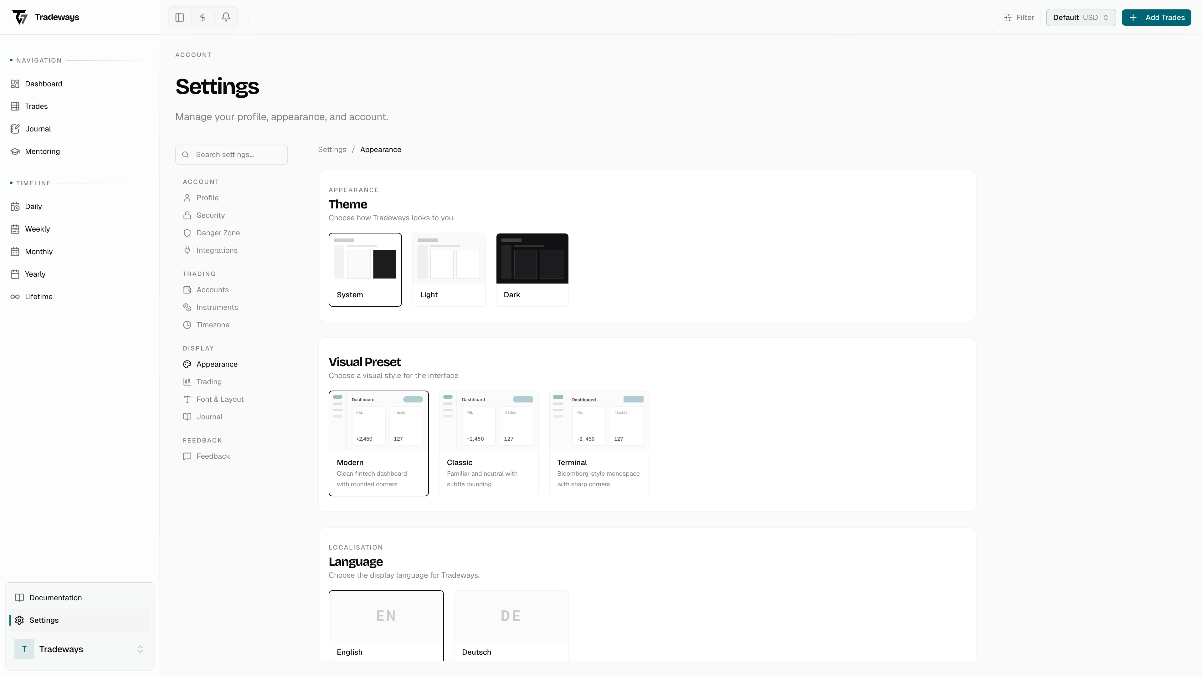 Theme selection with System, Light, and Dark options