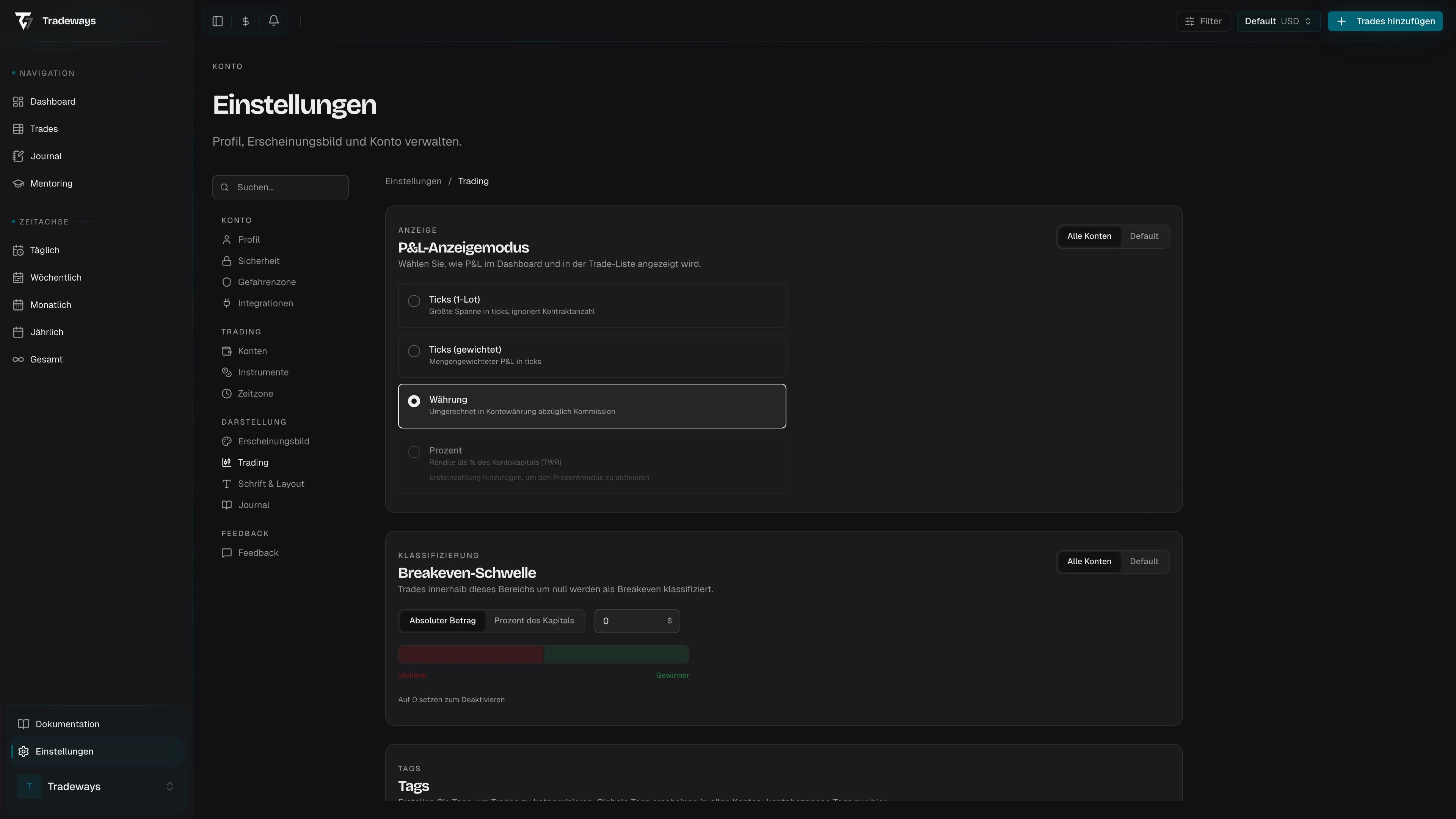 Breakeven-Schwelle konfigurieren