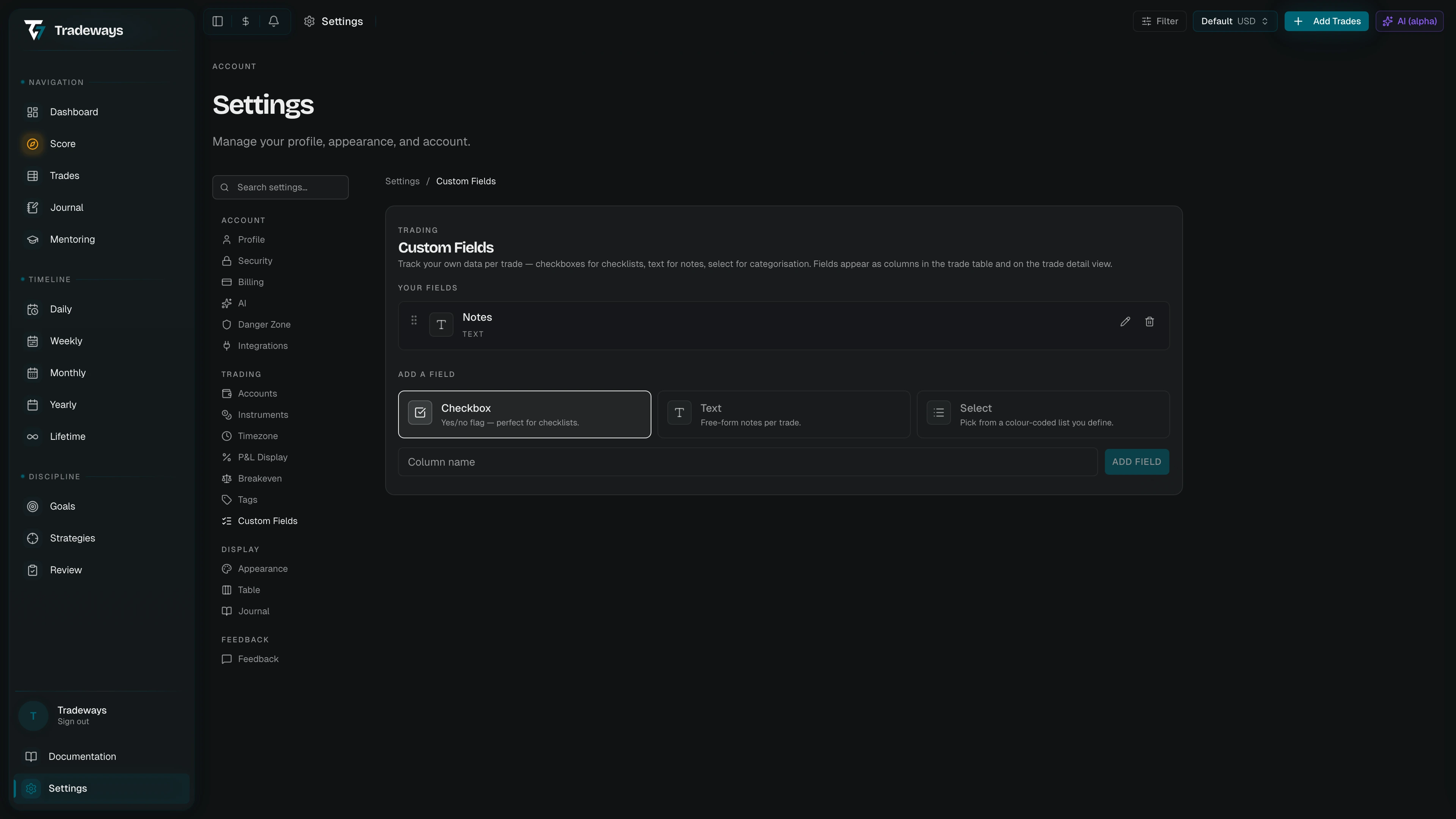 Custom fields page with field cards and add form