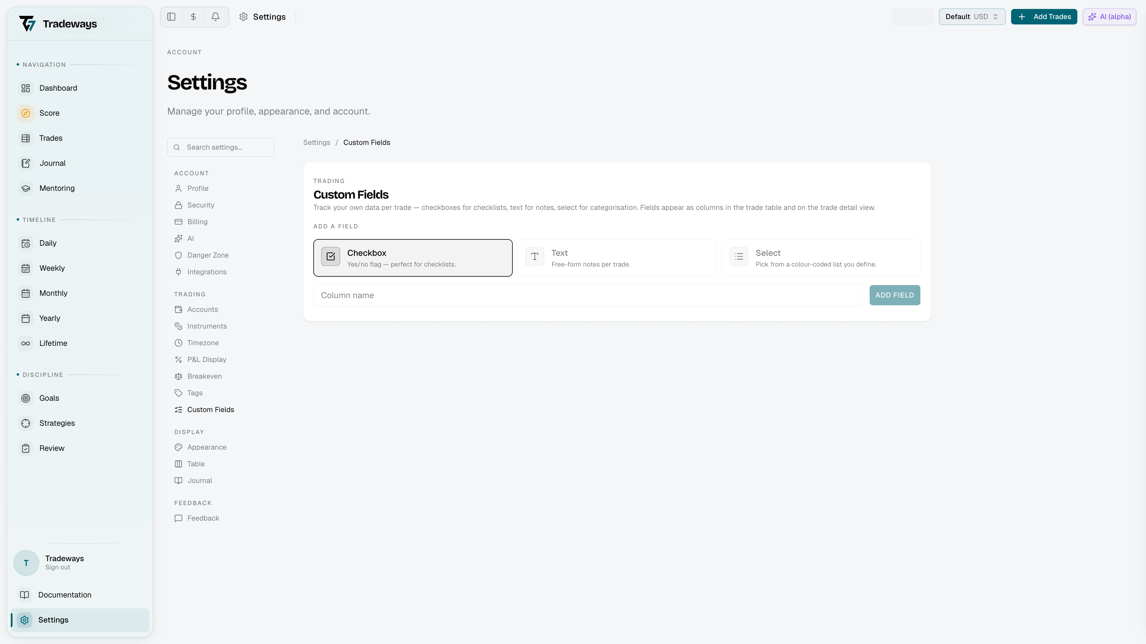 Custom fields page with field cards and add form