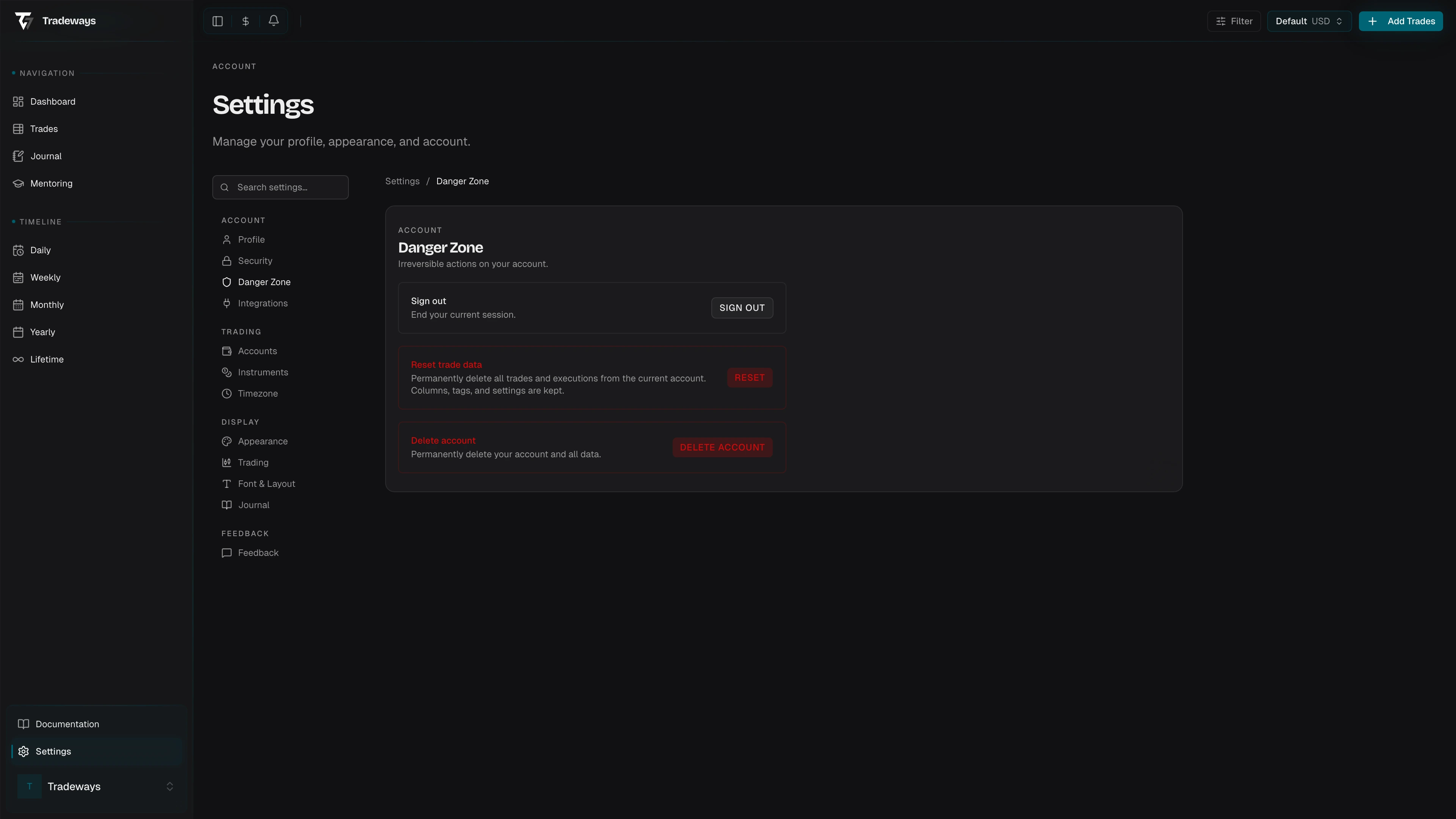 Danger zone settings with sign out, reset, and delete options
