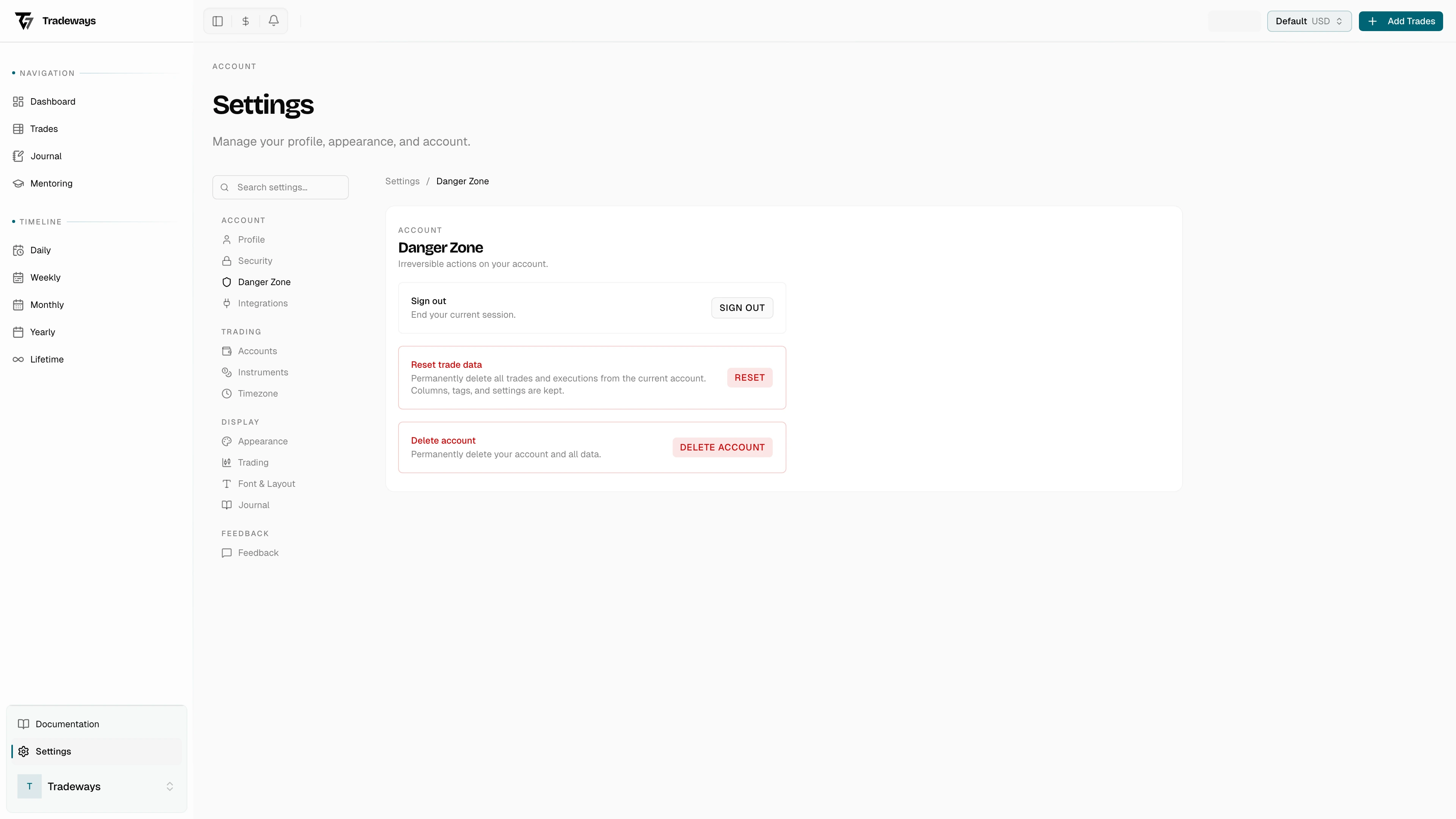 Danger zone settings with sign out, reset, and delete options