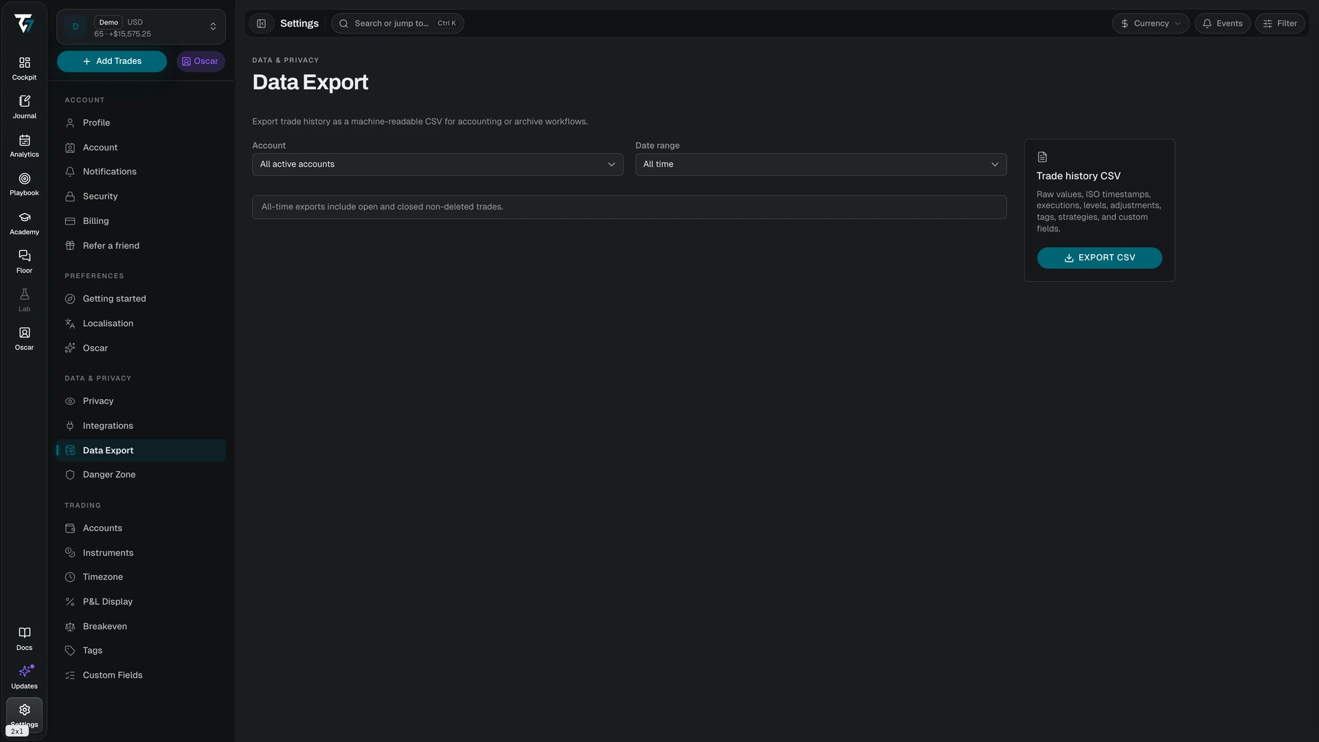 Data export settings with account, date range, and export controls