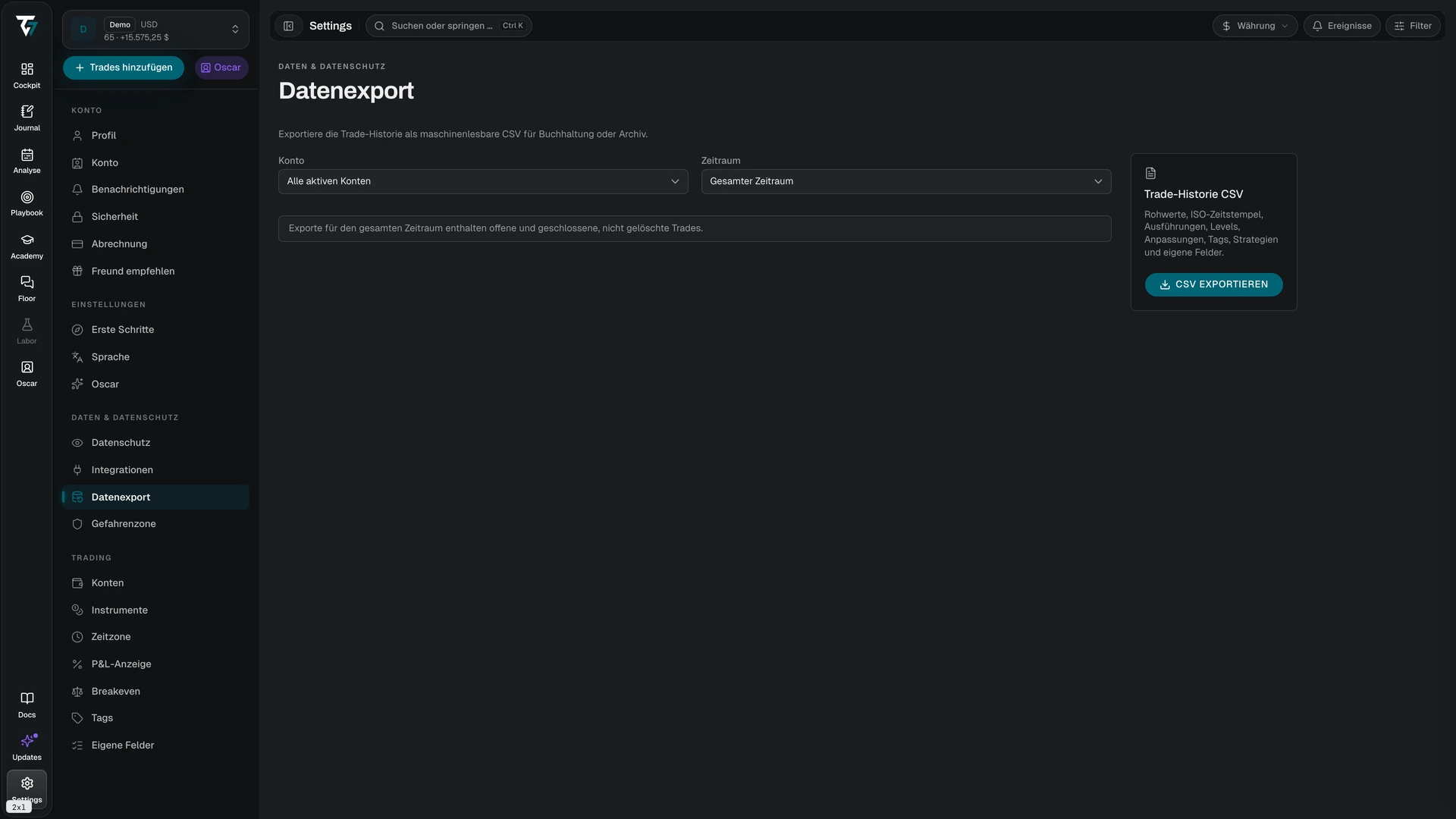 Data export settings with account, date range, and export controls