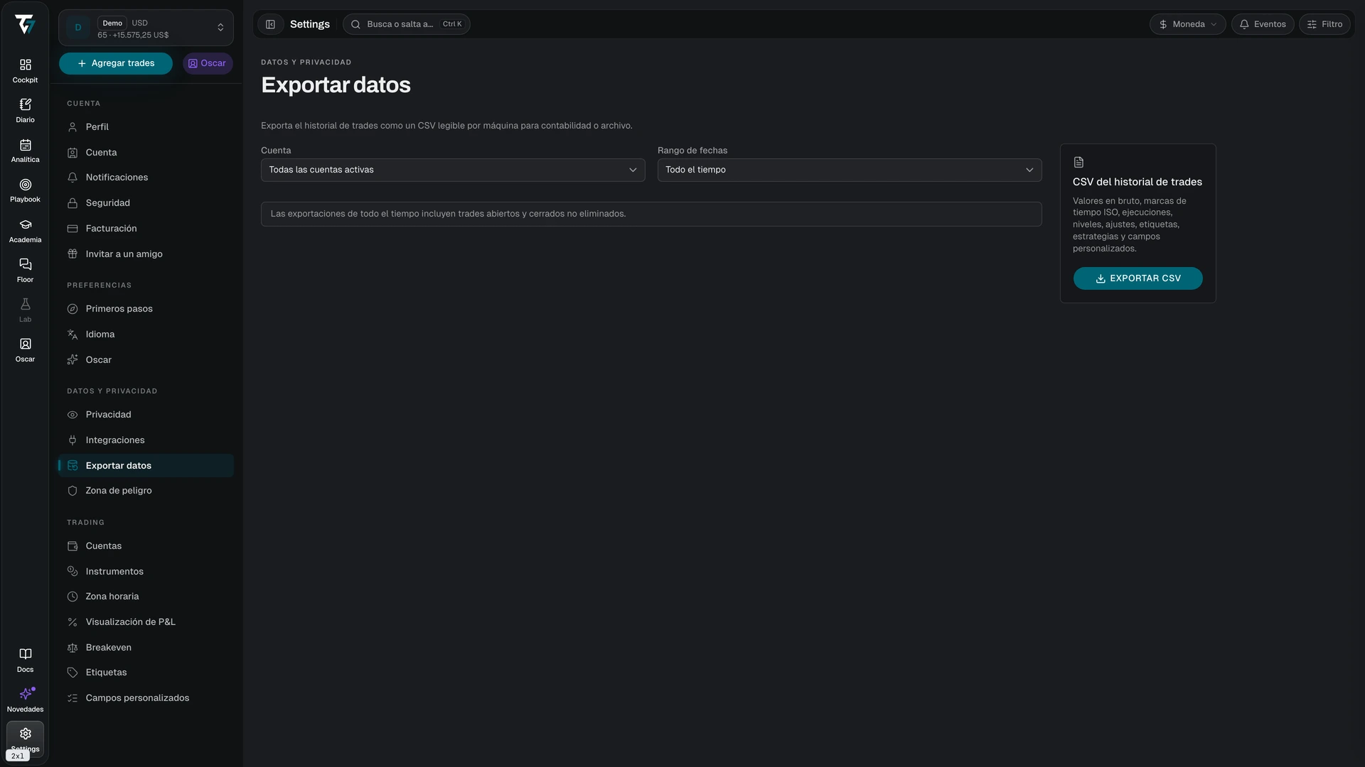 Data export settings with account, date range, and export controls