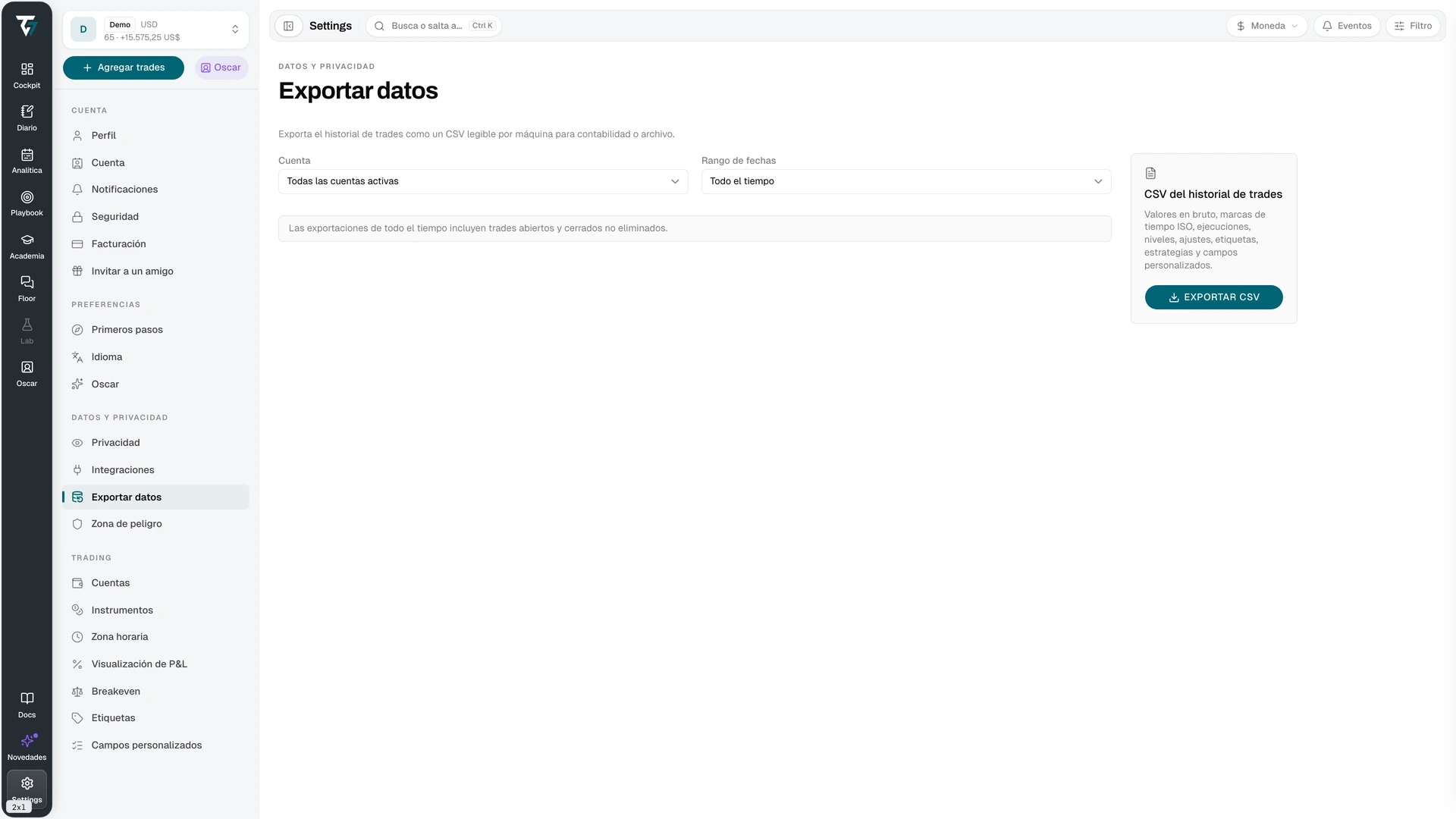 Data export settings with account, date range, and export controls