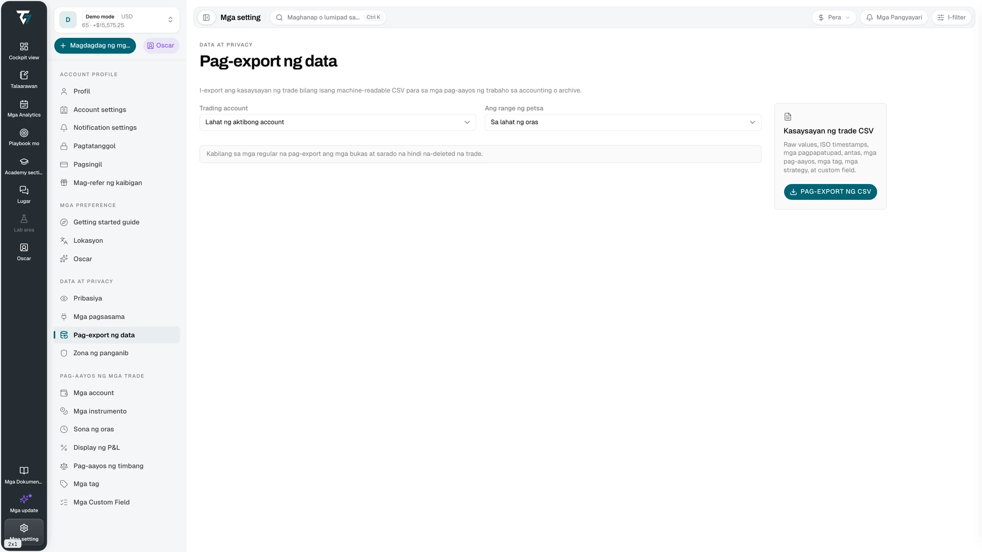 Data export settings with account, date range, and export controls