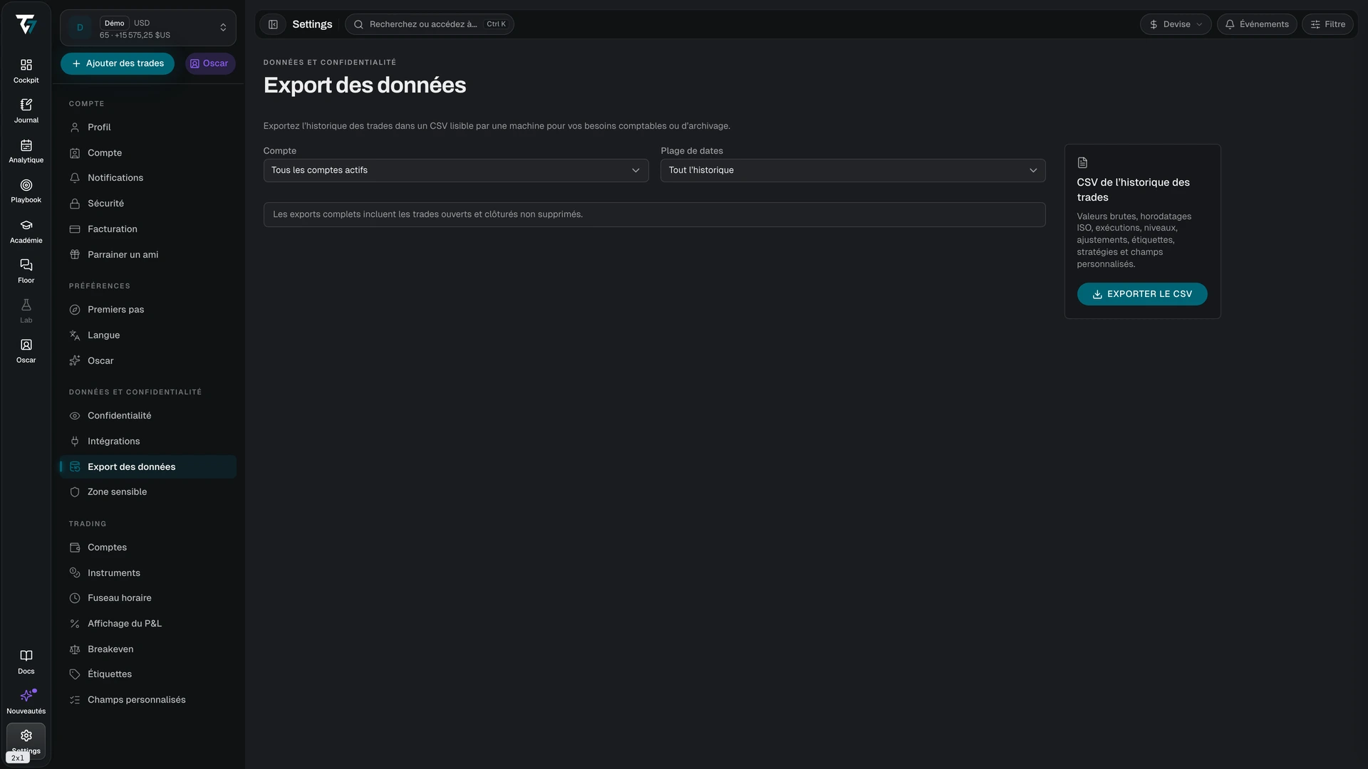 Data export settings with account, date range, and export controls