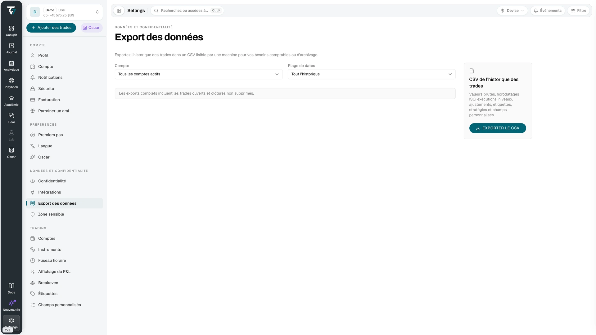 Data export settings with account, date range, and export controls